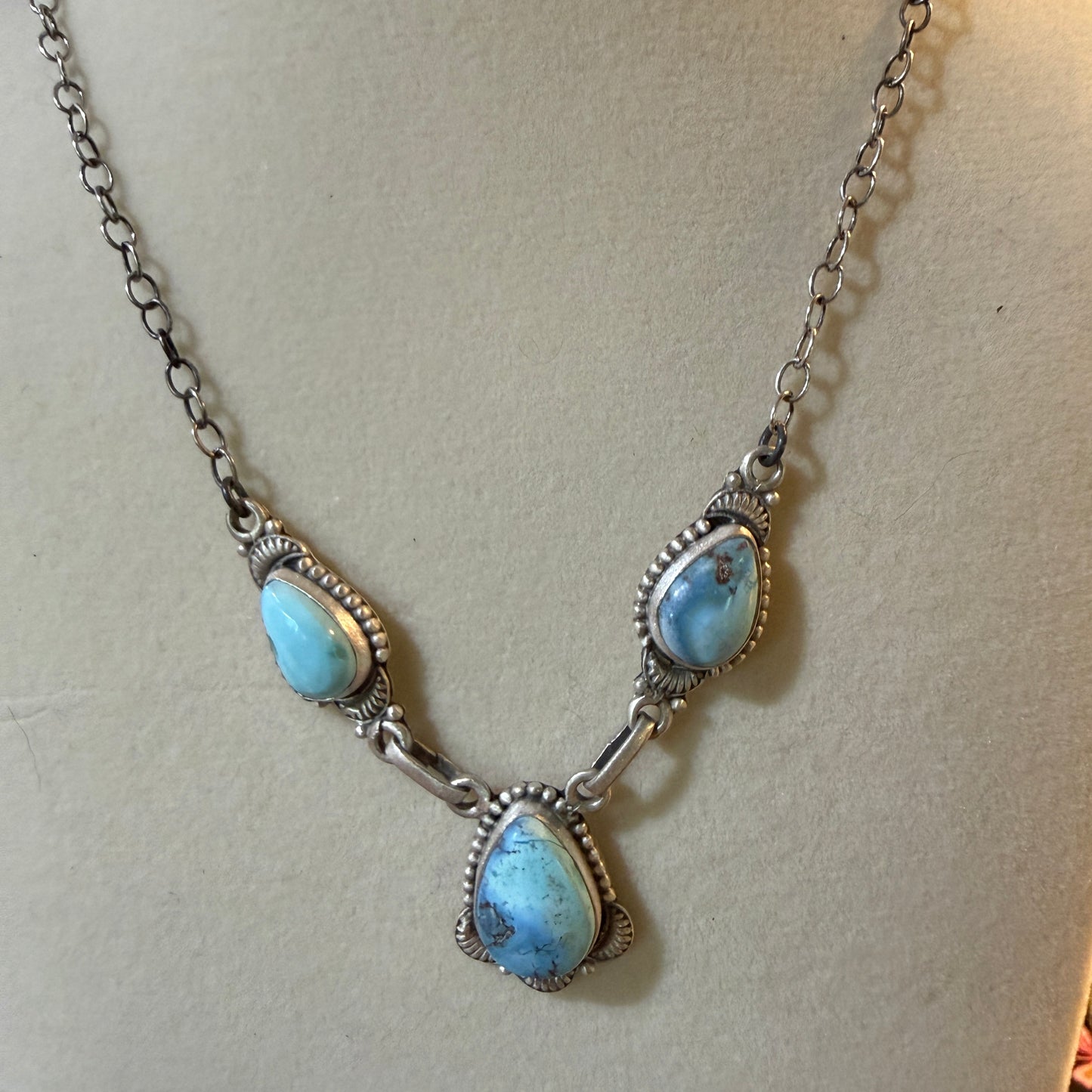 Navajo Style Golden Hills Three Gemstone Lariat Necklace Sterling Silver