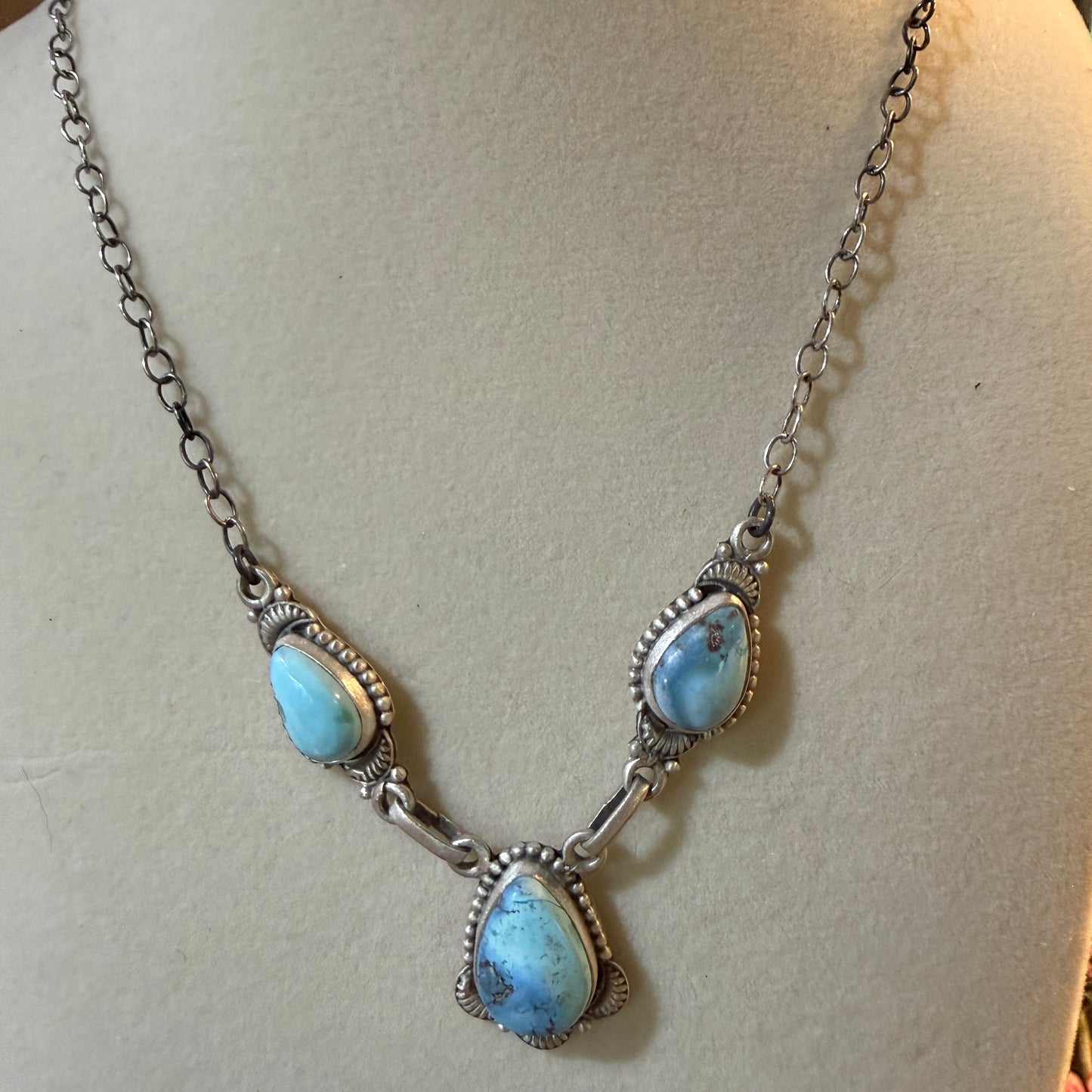 Navajo Style Golden Hills Three Gemstone Lariat Necklace Sterling Silver