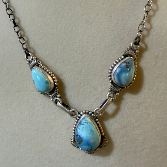 Navajo Style Golden Hills Three Gemstone Lariat Necklace Sterling Silver