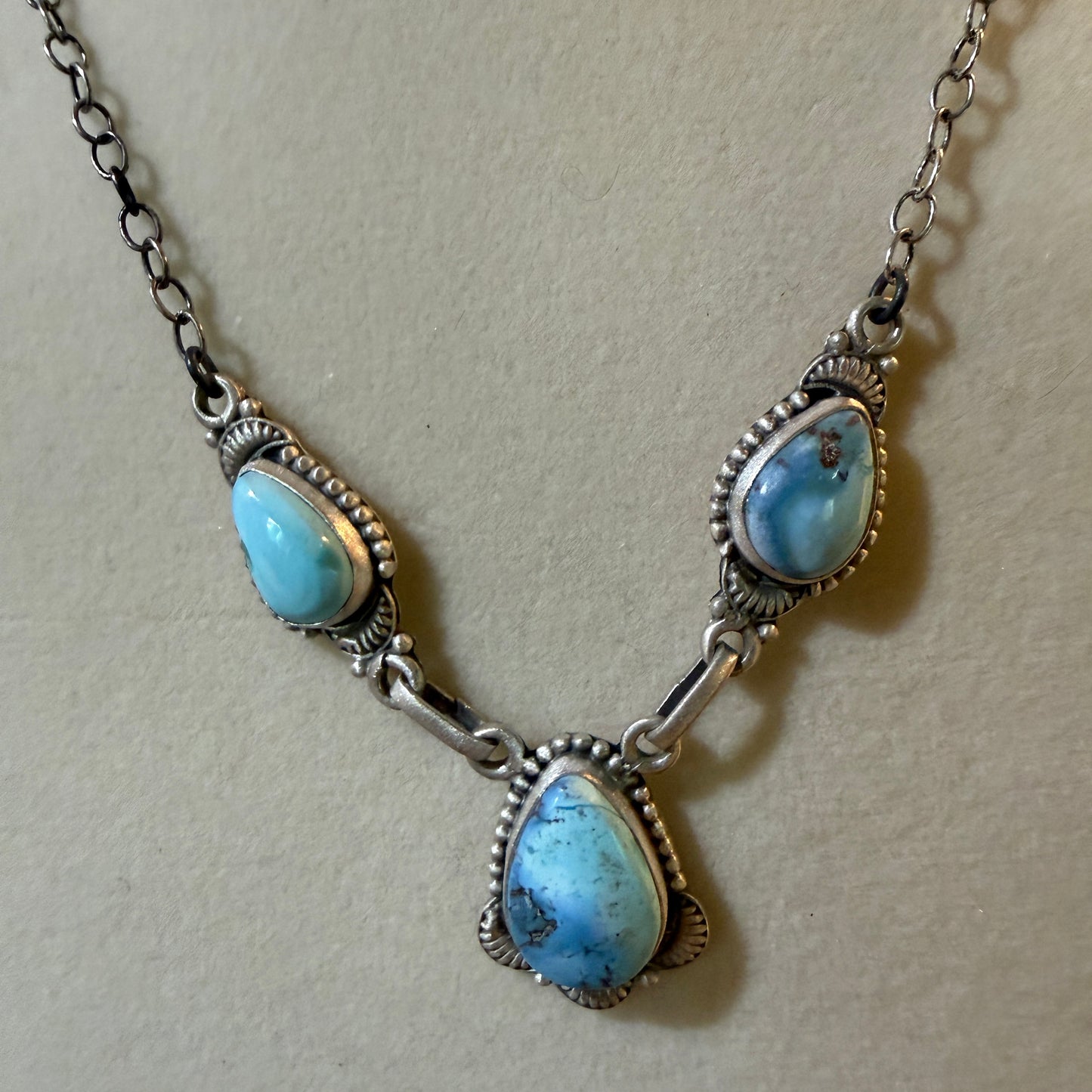 Navajo Style Golden Hills Three Gemstone Lariat Necklace Sterling Silver