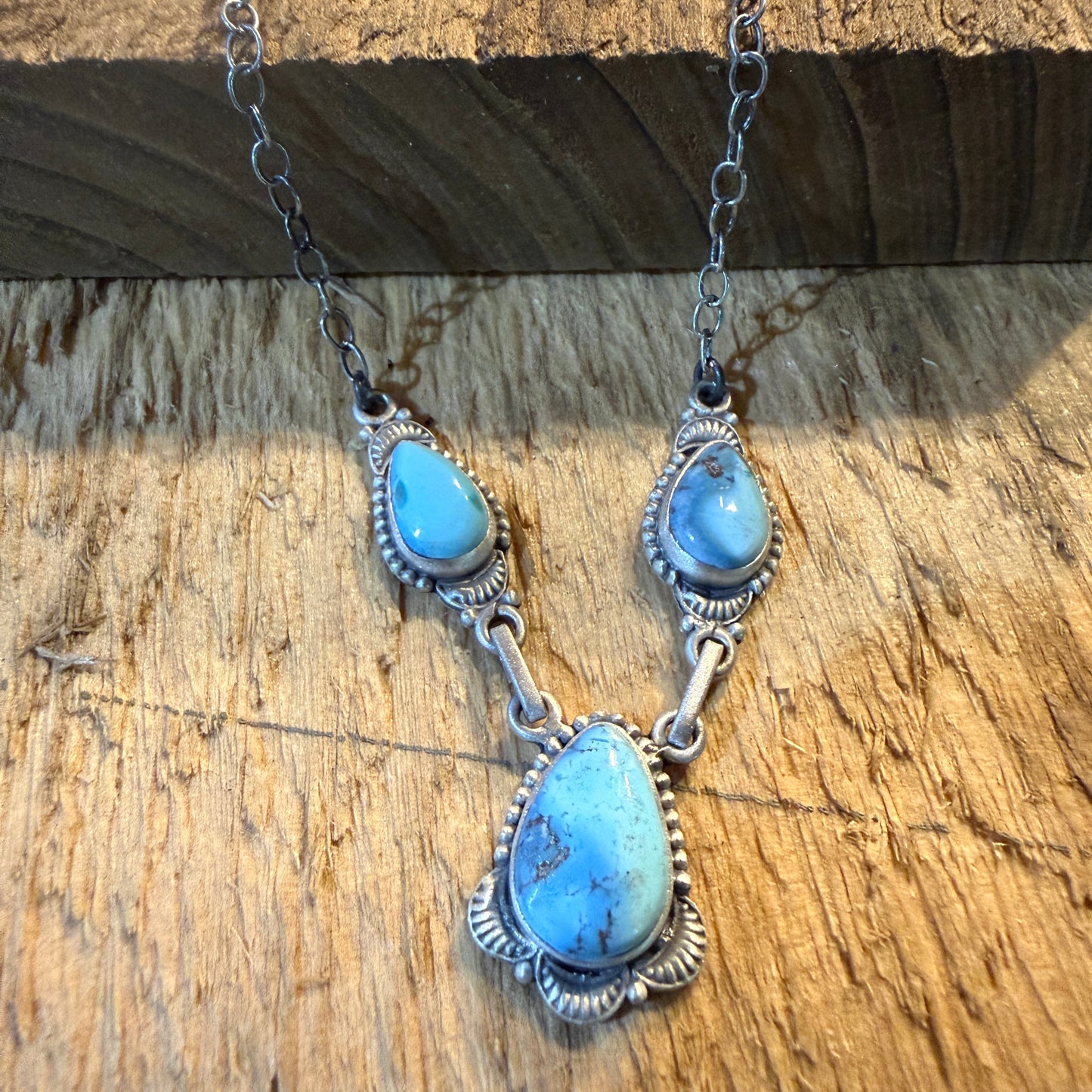 Navajo Style Golden Hills Three Gemstone Lariat Necklace Sterling Silver