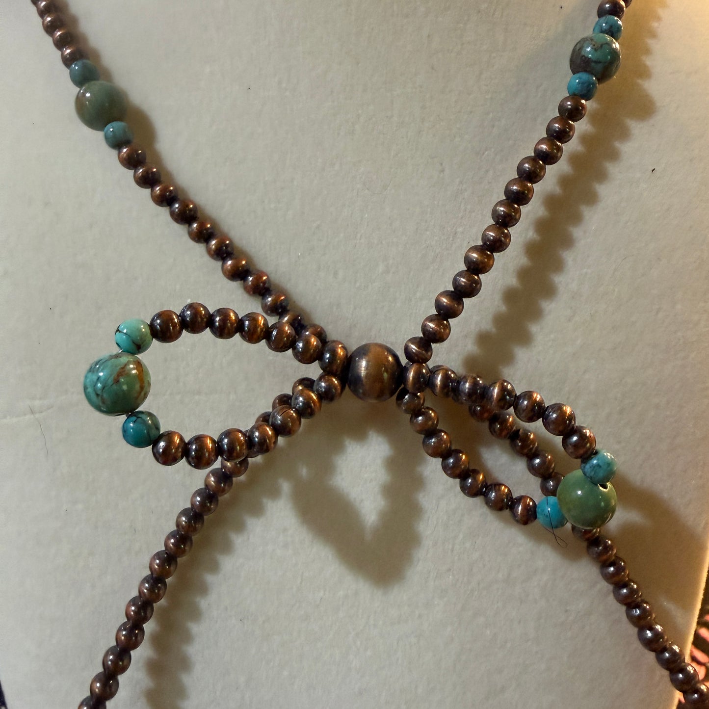 Genuine Copper 4mm Pearl Beads Bow Necklace With Kingman Turquoise 20 Inch
