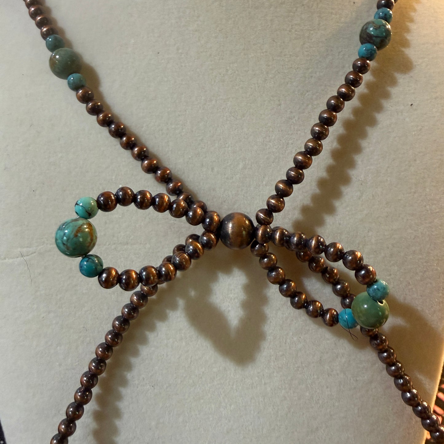 Genuine Copper 4mm Pearl Beads Bow Necklace With Kingman Turquoise 20 Inch