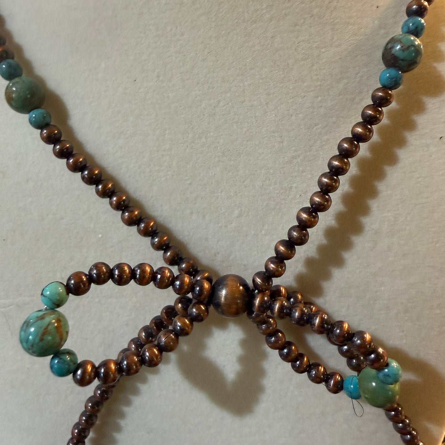 Genuine Copper 4mm Pearl Beads Bow Necklace With Kingman Turquoise 20 Inch