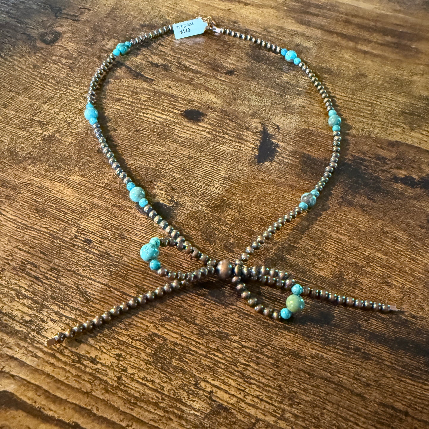 Genuine Copper 4mm Pearl Beads Bow Necklace With Kingman Turquoise 20 Inch