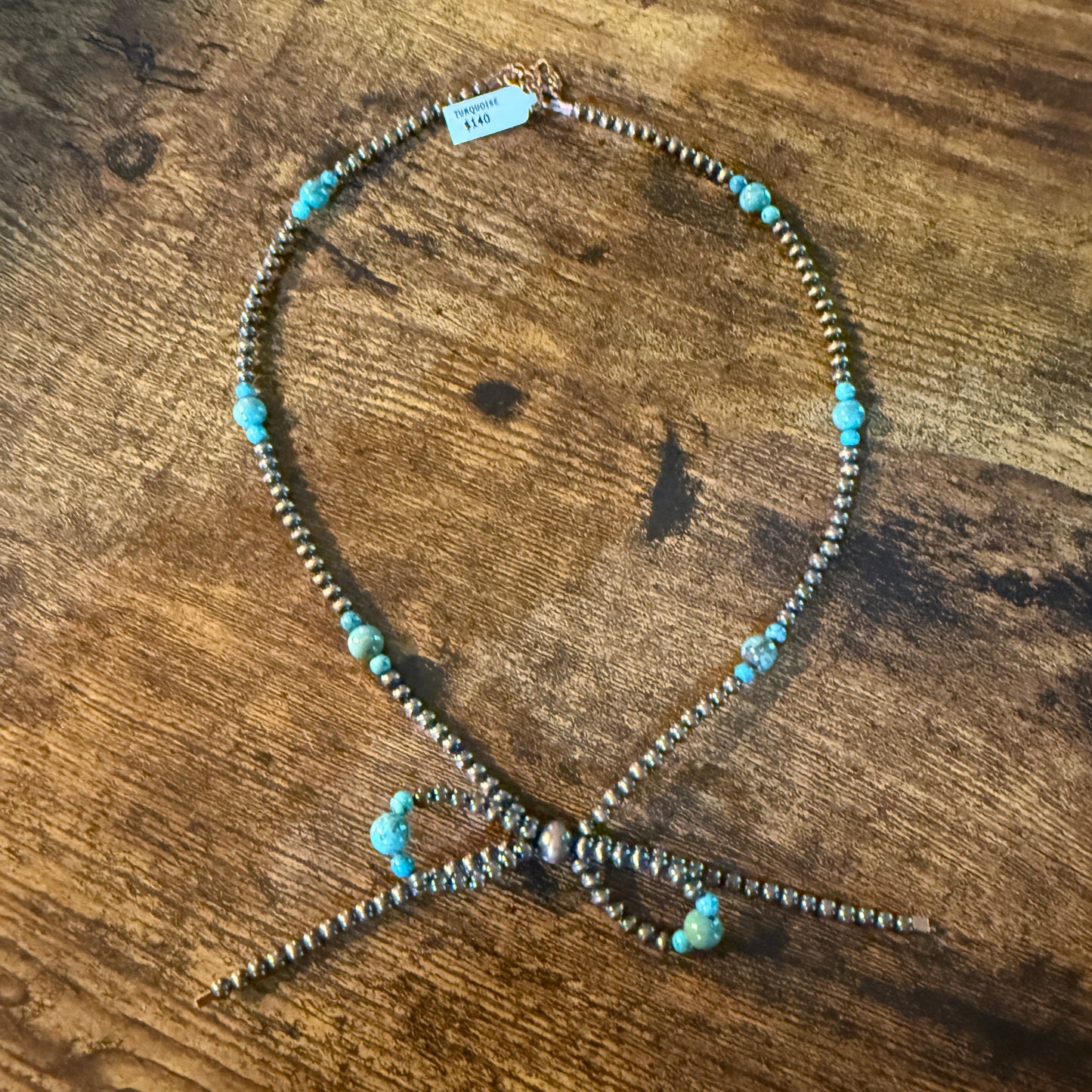 Genuine Copper 4mm Pearl Beads Bow Necklace With Kingman Turquoise 20 Inch