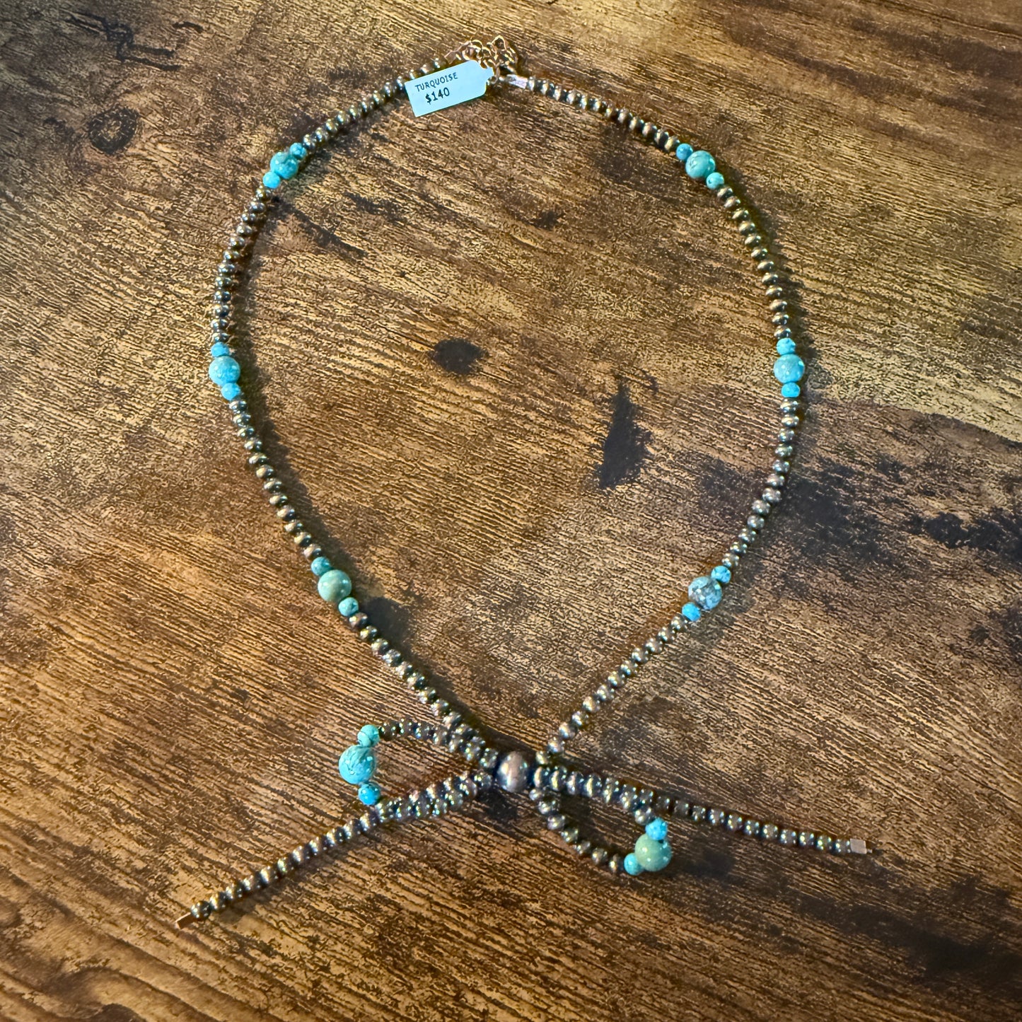 Genuine Copper 4mm Pearl Beads Bow Necklace With Kingman Turquoise 20 Inch
