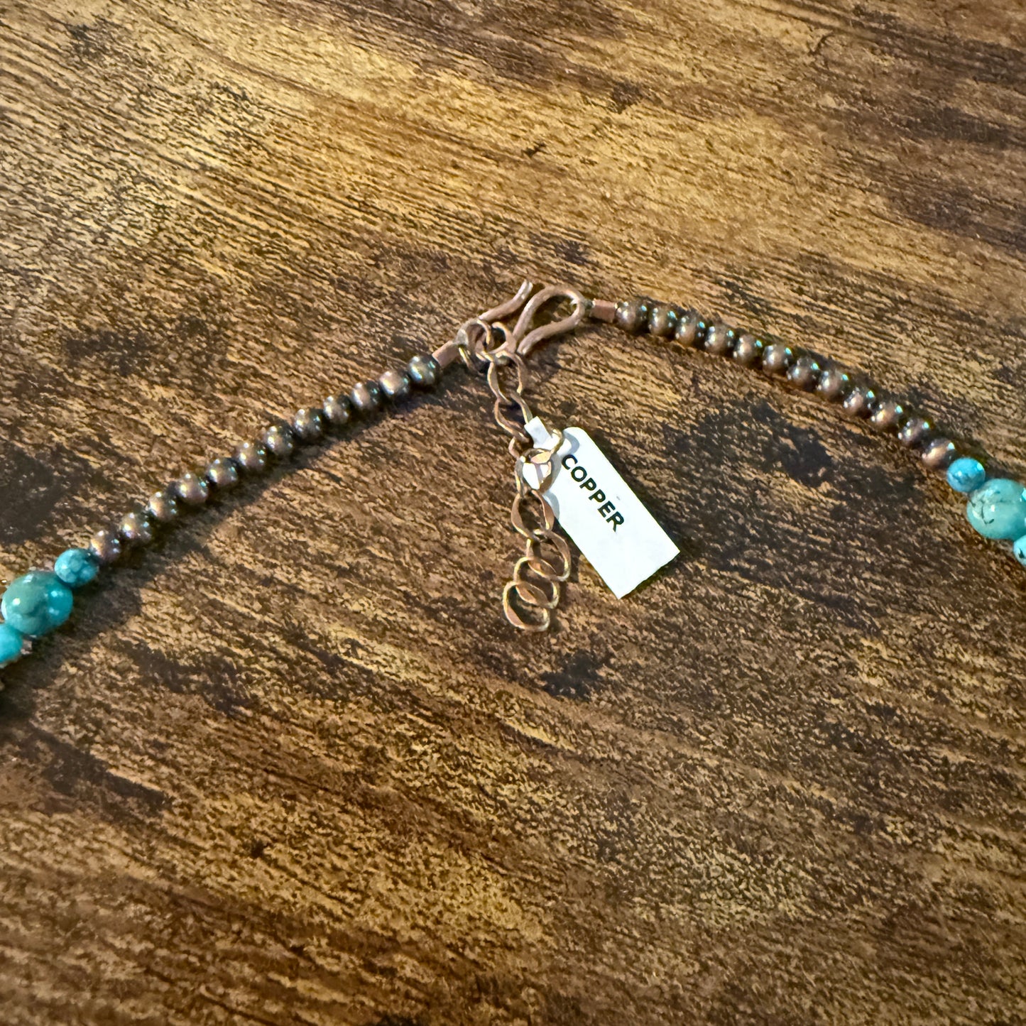 Genuine Copper 4mm Pearl Beads Bow Necklace With Kingman Turquoise 20 Inch