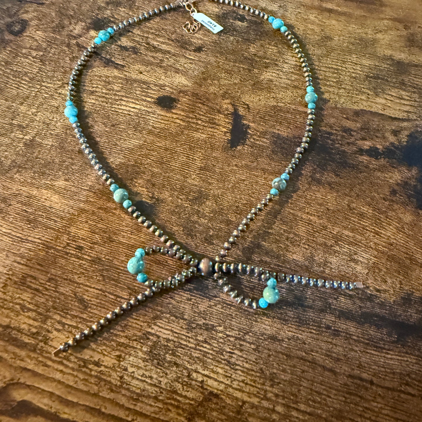 Genuine Copper 4mm Pearl Beads Bow Necklace With Kingman Turquoise 20 Inch