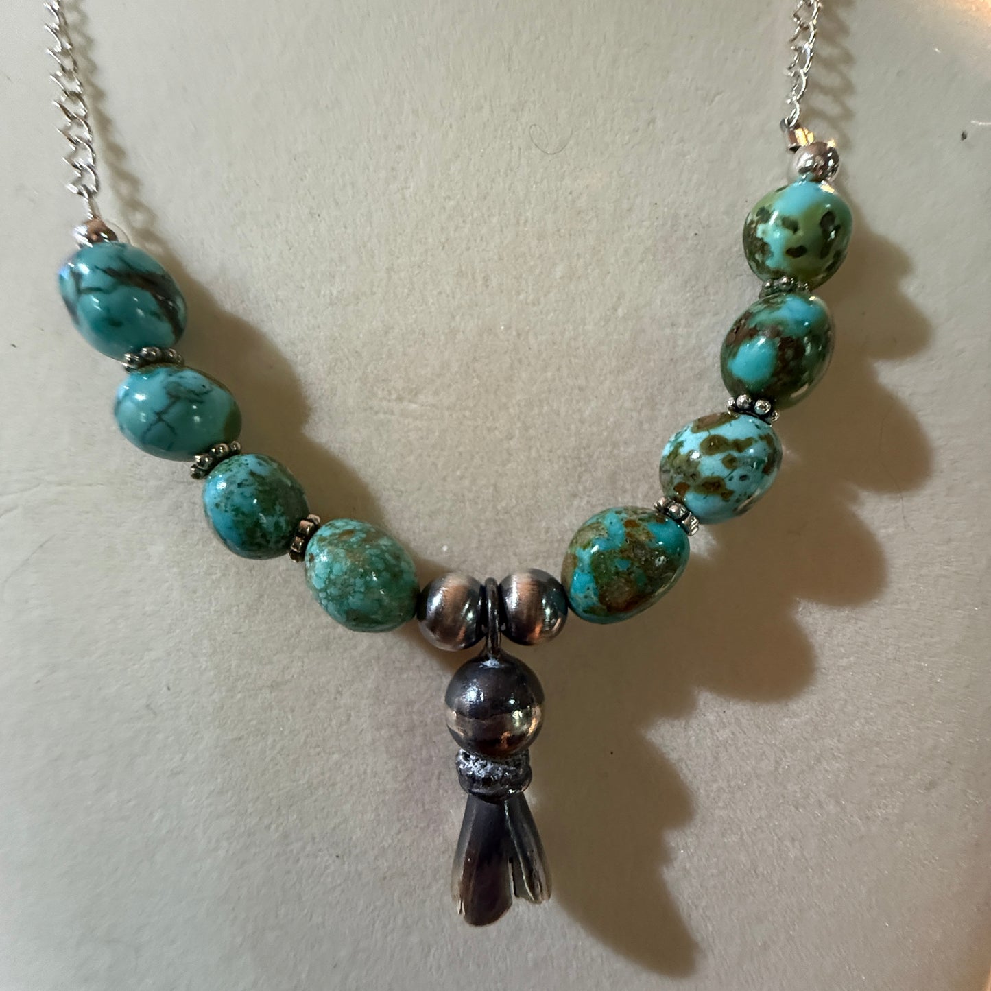 Navajo Style Sonoran Gold Turquoise Bead Necklace Sterling Silver 18 Inch