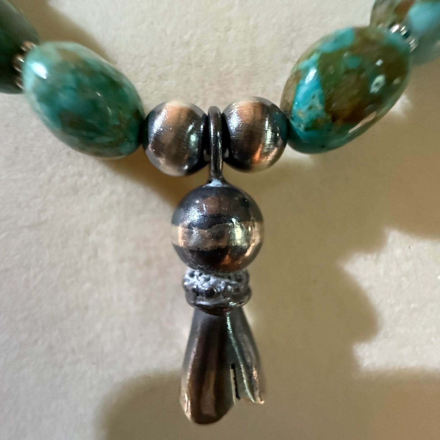 Navajo Style Sonoran Gold Turquoise Bead Necklace Sterling Silver 18 Inch