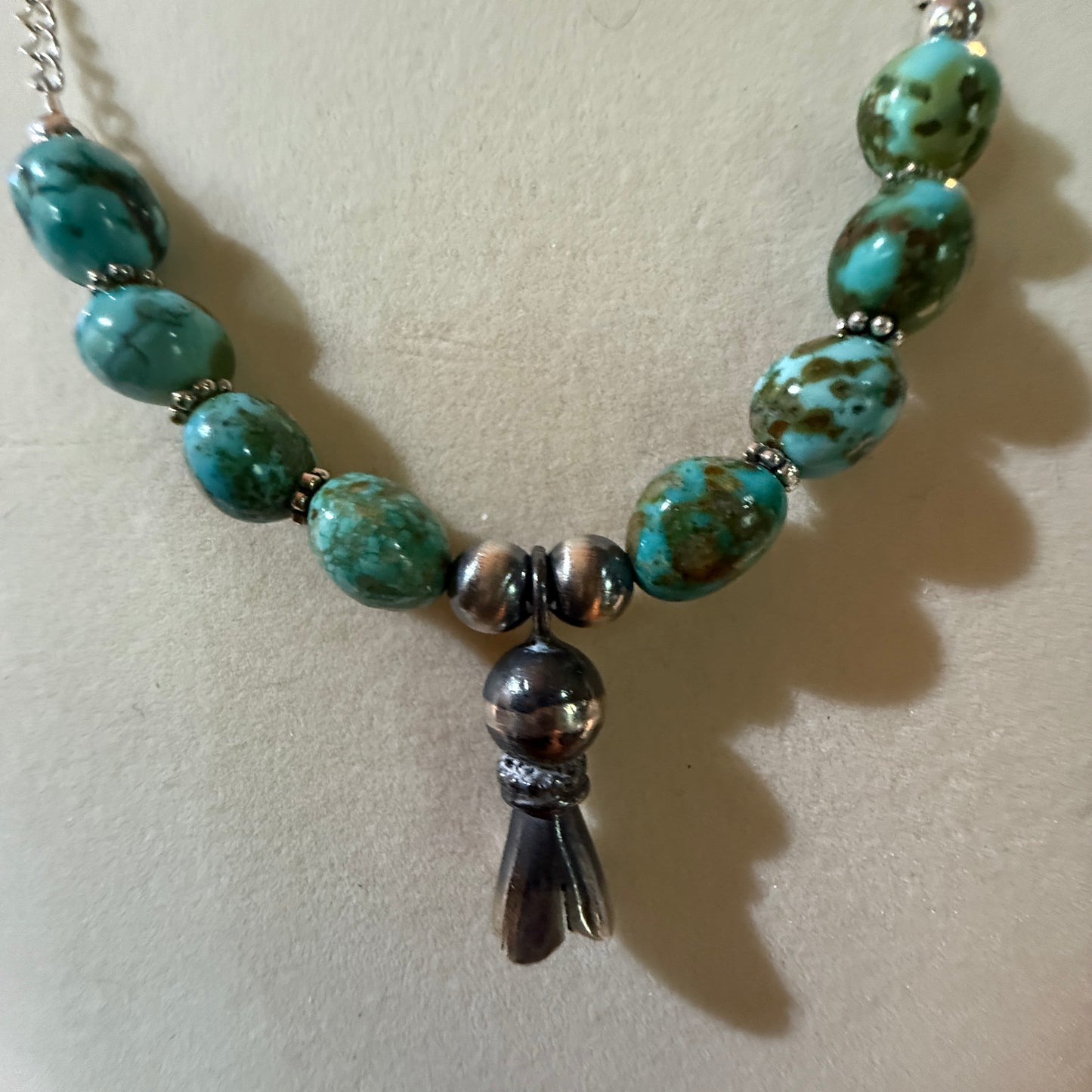 Navajo Style Sonoran Gold Turquoise Bead Necklace Sterling Silver 18 Inch