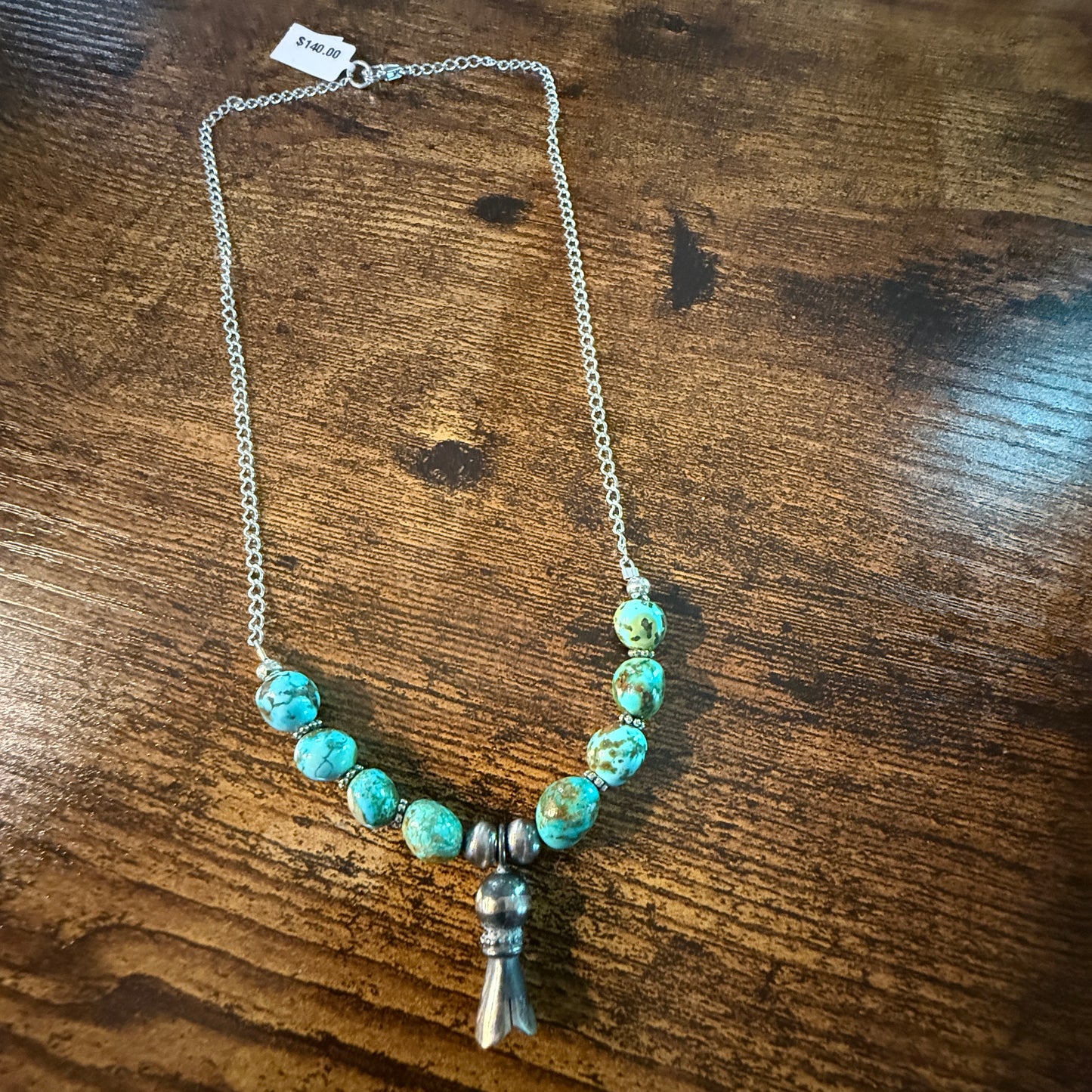 Navajo Style Sonoran Gold Turquoise Bead Necklace Sterling Silver 18 Inch
