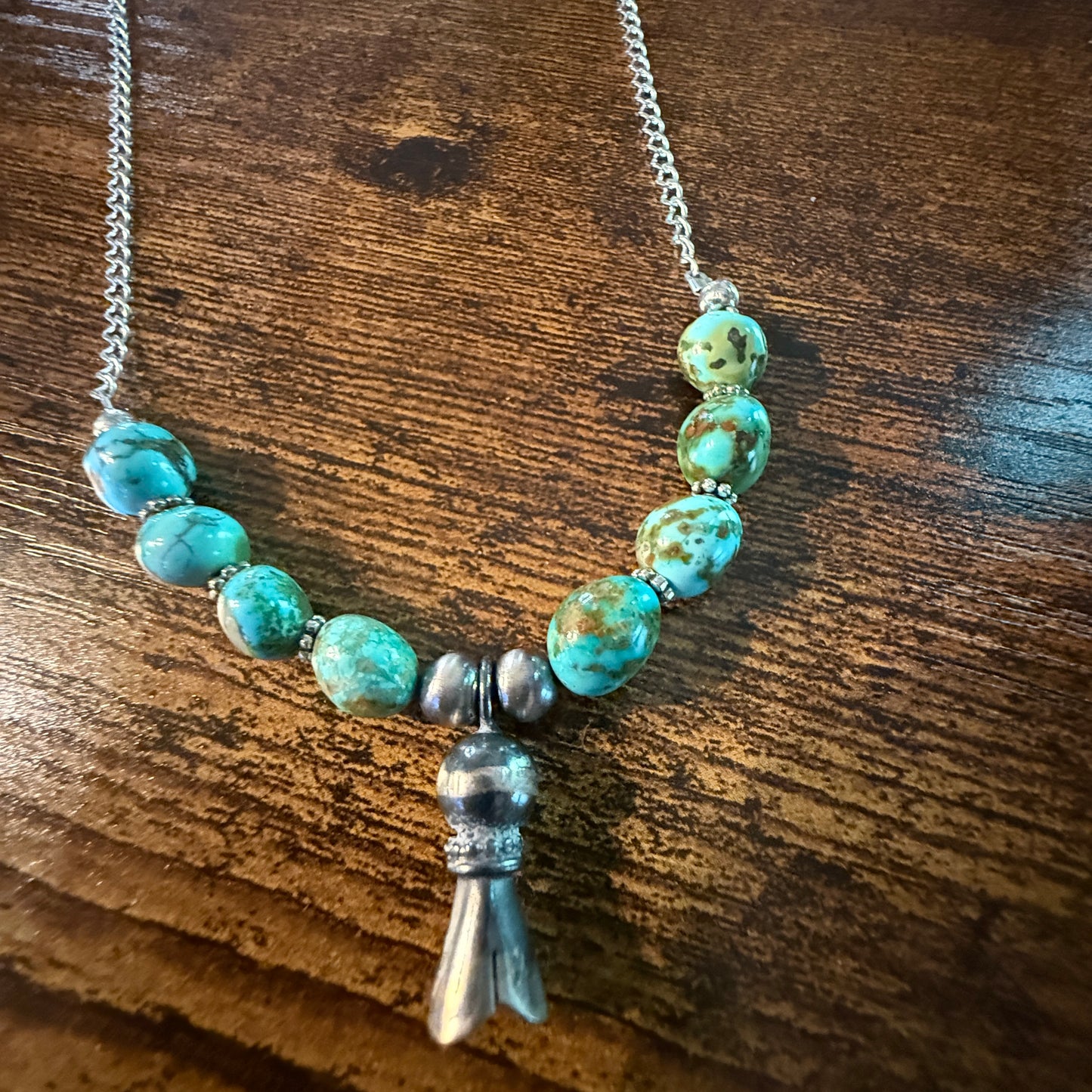 Navajo Style Sonoran Gold Turquoise Bead Necklace Sterling Silver 18 Inch