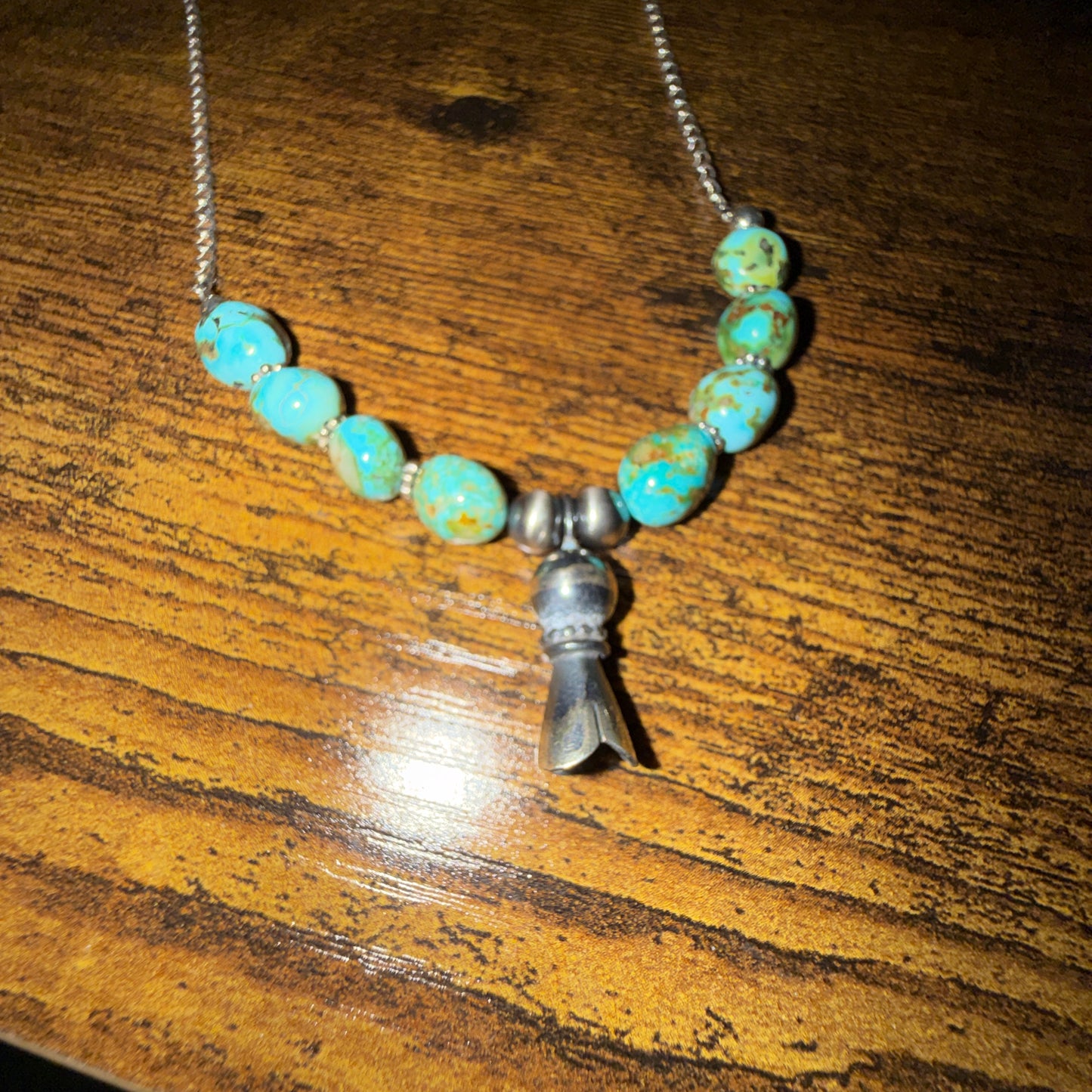 Navajo Style Sonoran Gold Turquoise Bead Necklace Sterling Silver 18 Inch
