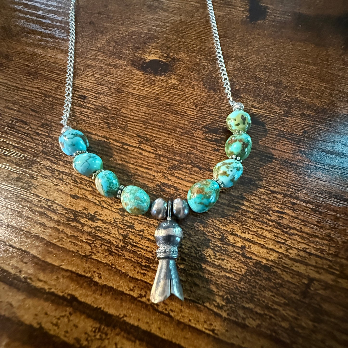 Navajo Style Sonoran Gold Turquoise Bead Necklace Sterling Silver 18 Inch