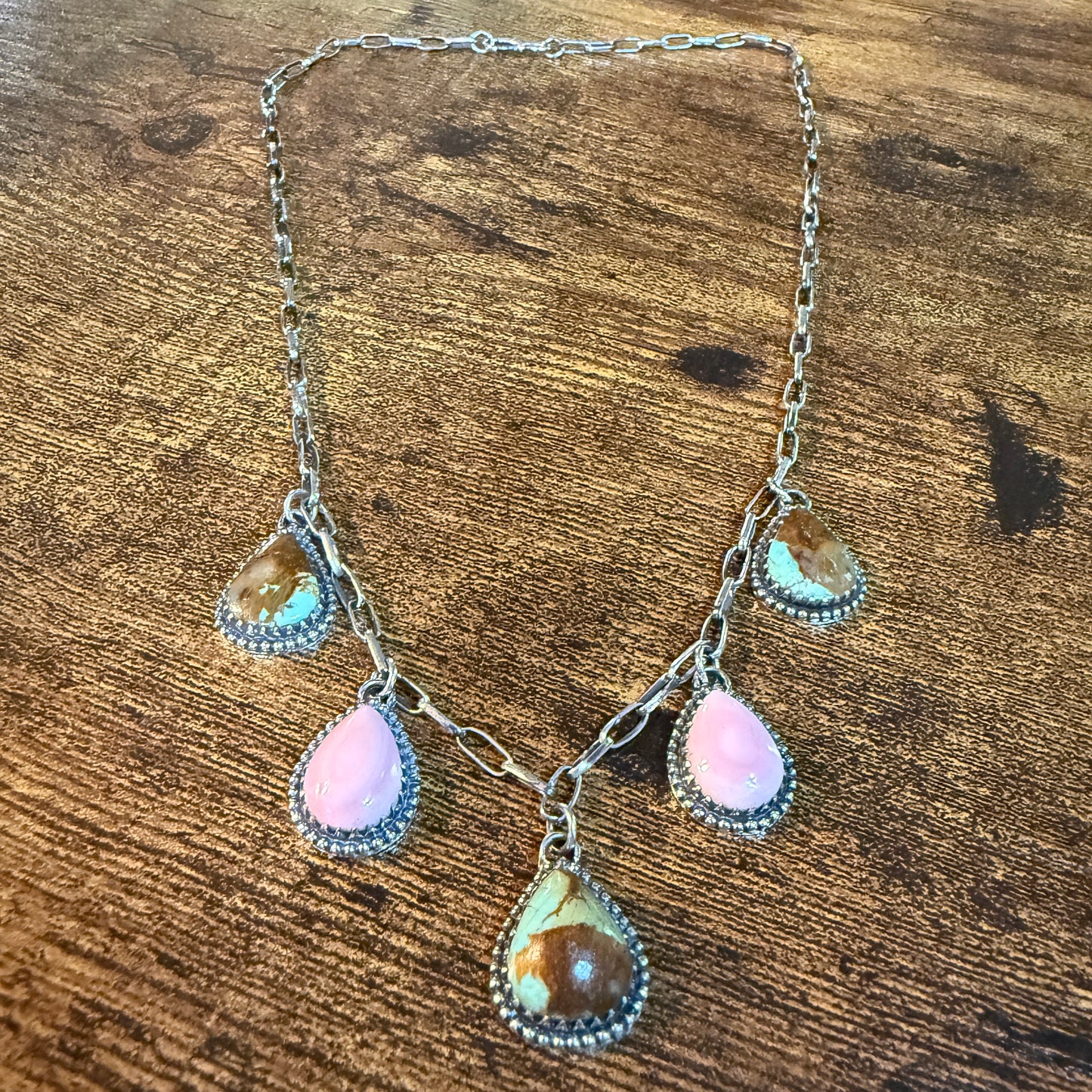 Southwestern No 8 Turquoise Gemstone Pink Conch Dahlia Lariat Necklace 20 Inch
