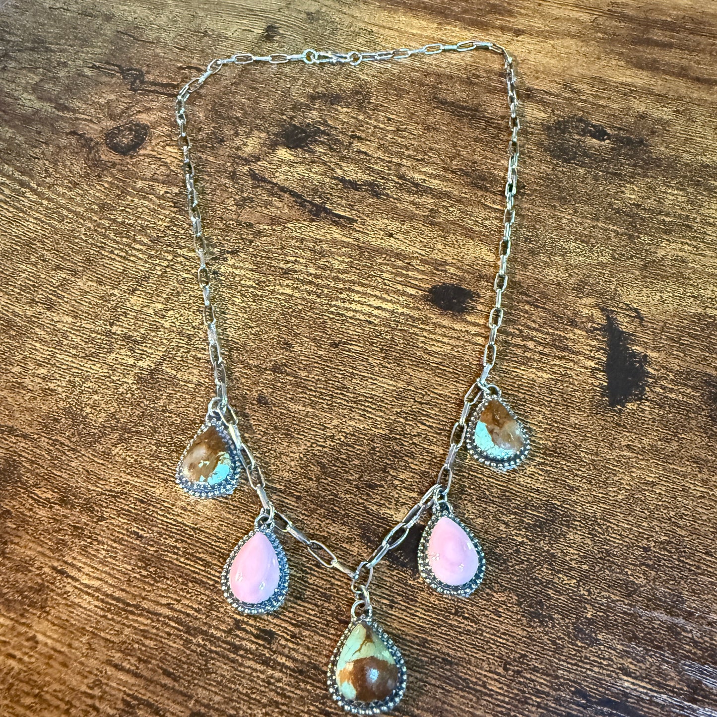 Southwestern No 8 Turquoise Gemstone Pink Conch Dahlia Lariat Necklace 20 Inch