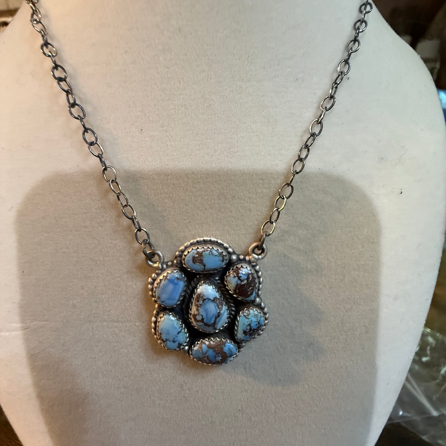 Navajo Style Golden Hills Turquoise Cluster Necklace In Sterling Silver 18 Inch