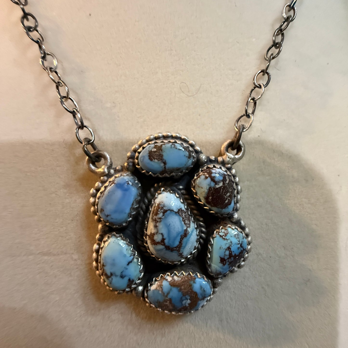Navajo Style Golden Hills Turquoise Cluster Necklace In Sterling Silver 18 Inch