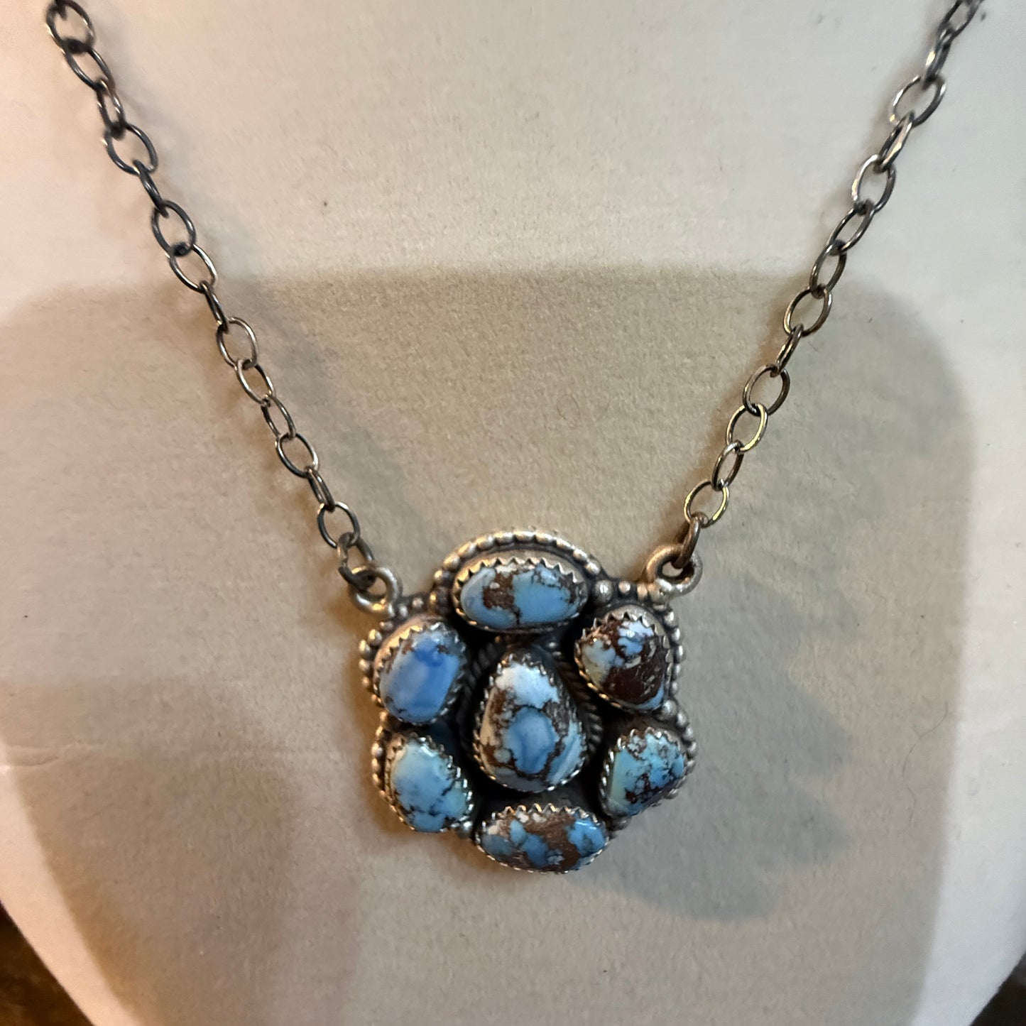 Navajo Style Golden Hills Turquoise Cluster Necklace In Sterling Silver 18 Inch