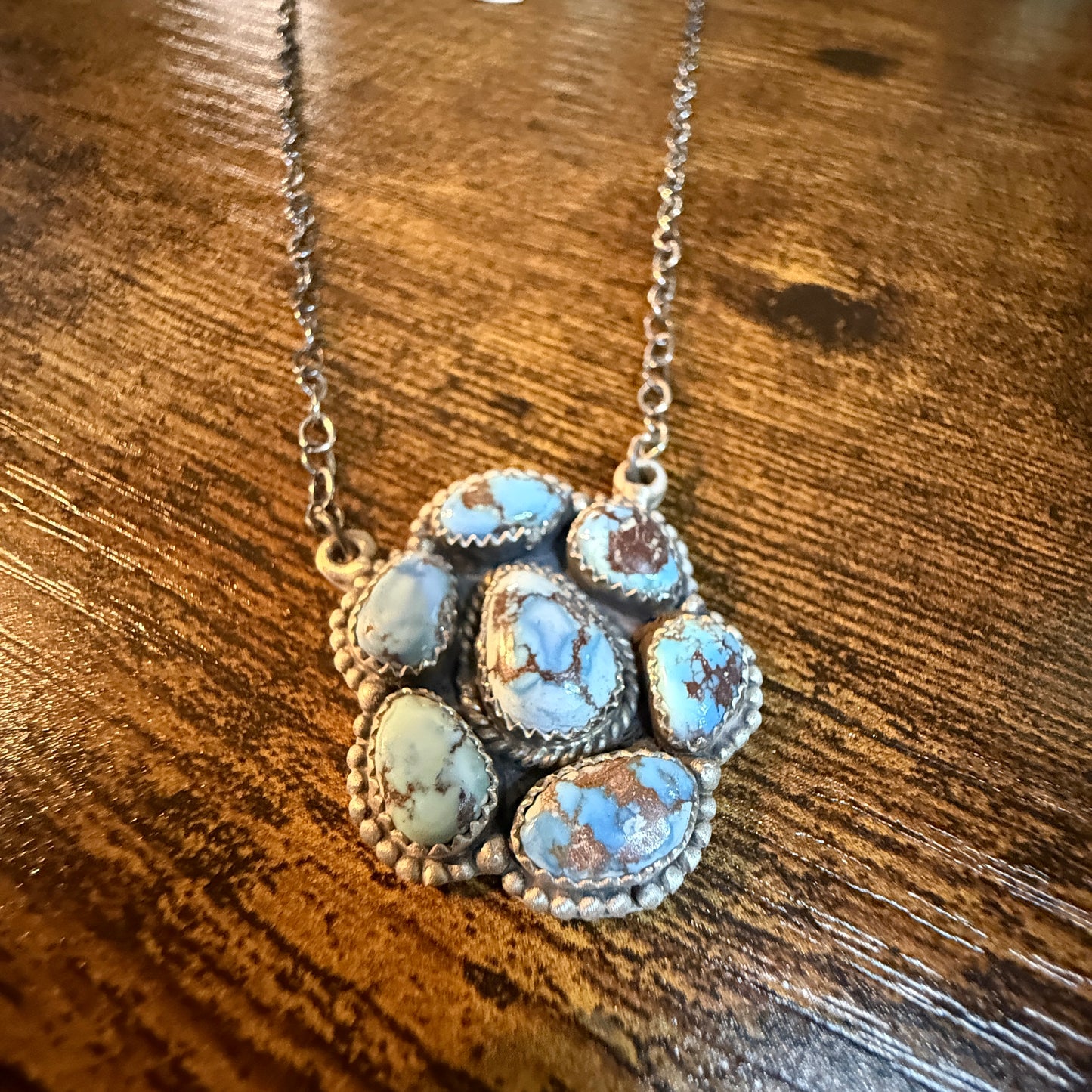 Navajo Style Golden Hills Turquoise Cluster Necklace In Sterling Silver 18 Inch