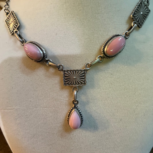 Pink Conch Gemstones Sterling Silver Concho Lariat Necklace 18 Inch
