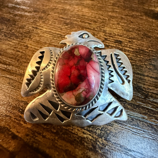 Navajo Style Thunderbird Pendant Sterling Silver Red Rose Dahlia