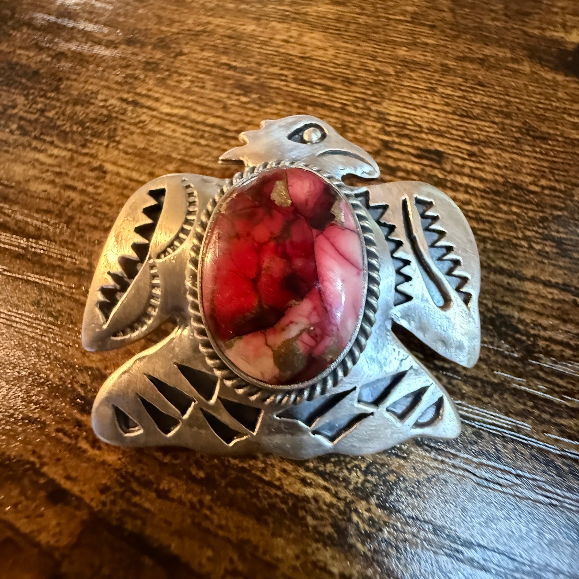 Navajo Style Thunderbird Pendant Sterling Silver Red Rose Dahlia Wild West Boho
