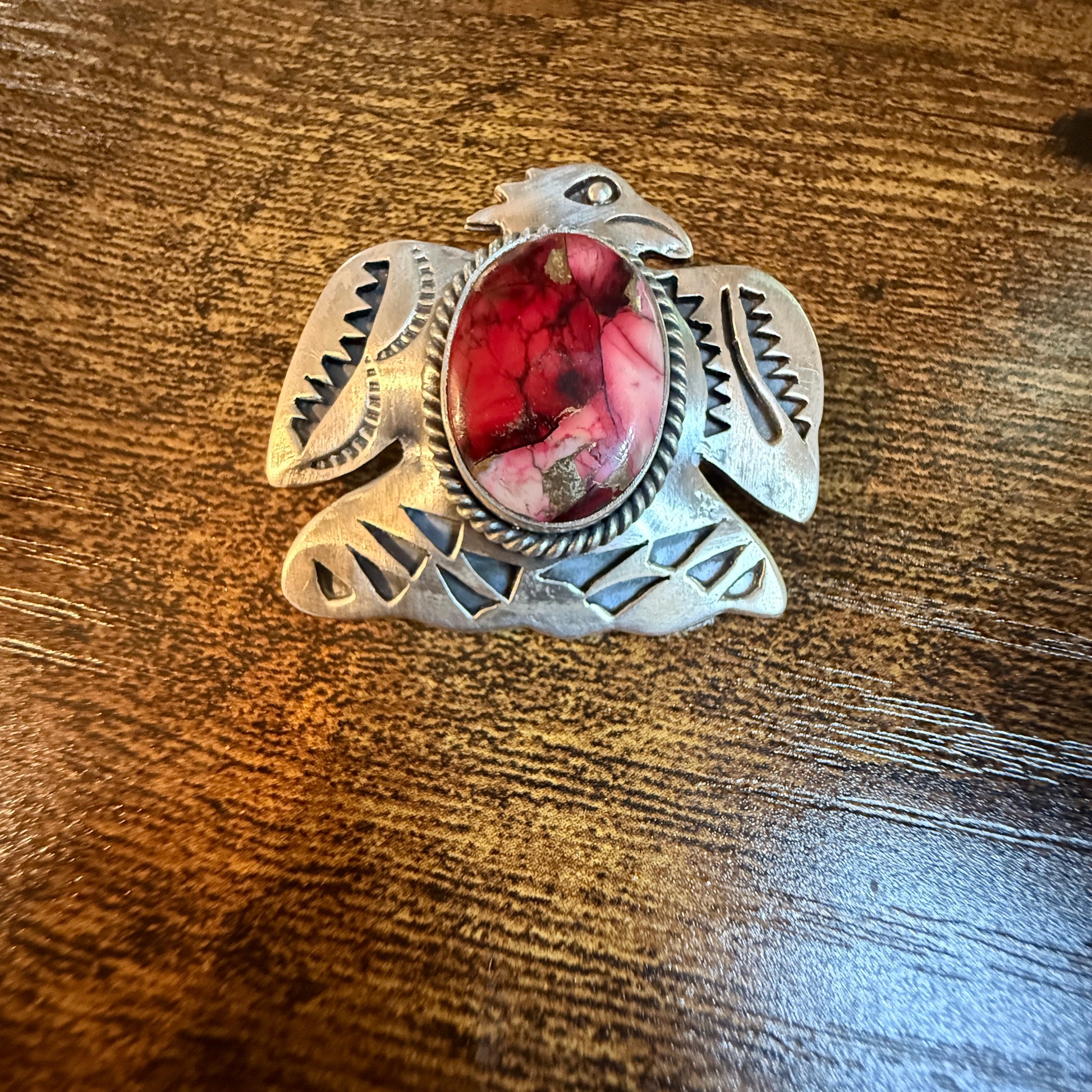 Navajo Style Thunderbird Pendant Sterling Silver Red Rose Dahlia Wild West Boho