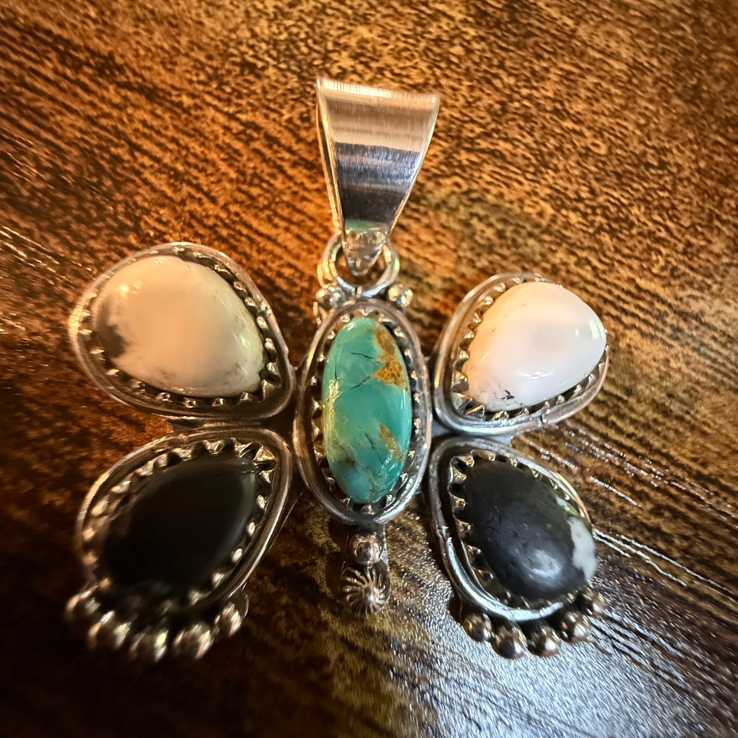 Sonoran Gold and White Buffalo Gemstone Butterfly Pendant in Sterling Silver Wild West Boho