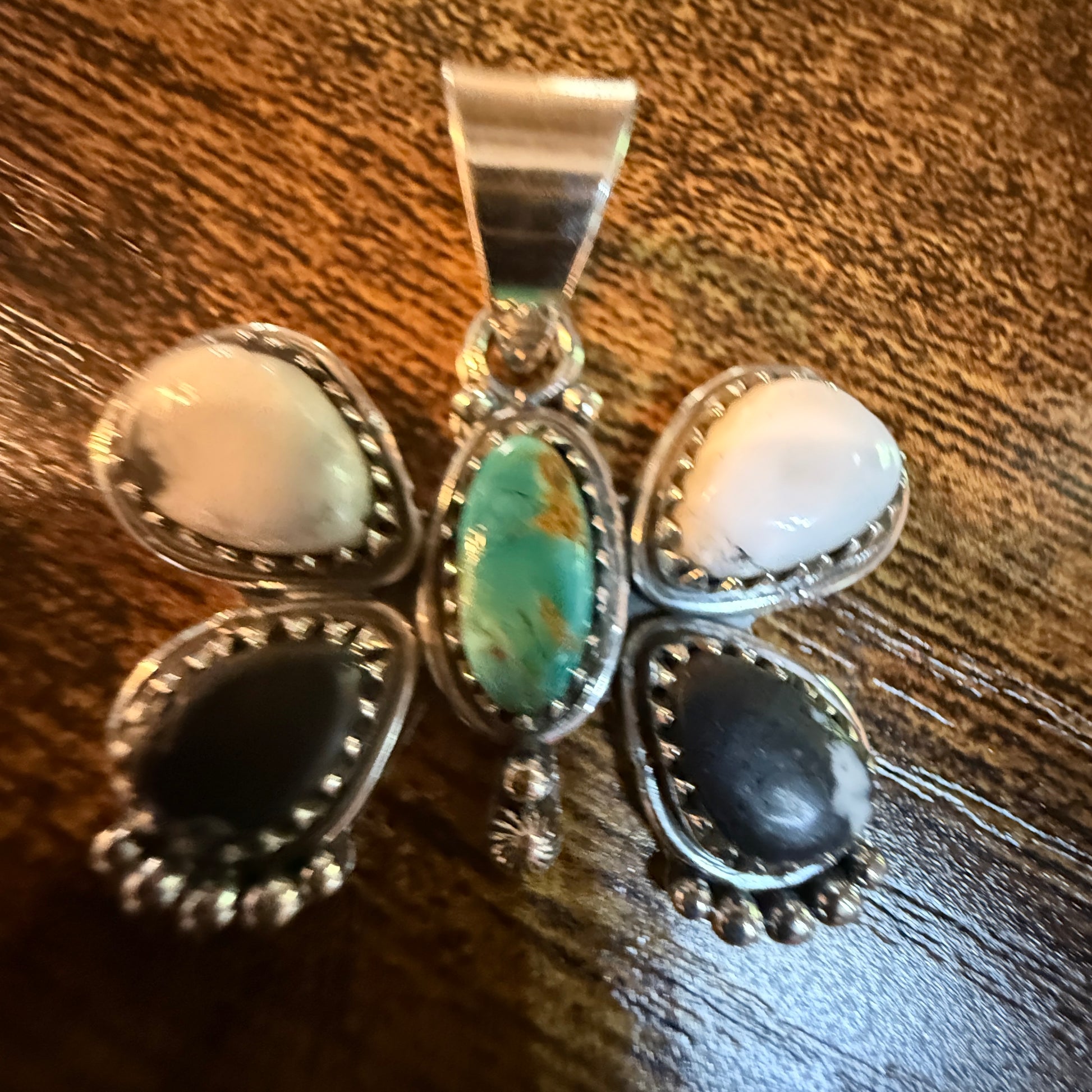 Sonoran Gold and White Buffalo Gemstone Butterfly Pendant in Sterling Silver Wild West Boho