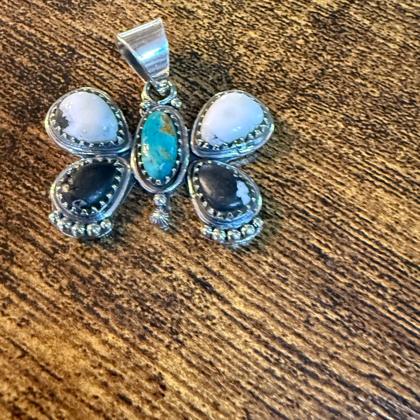 Sonoran Gold and White Buffalo Gemstone Butterfly Pendant in Sterling Silver Wild West Boho