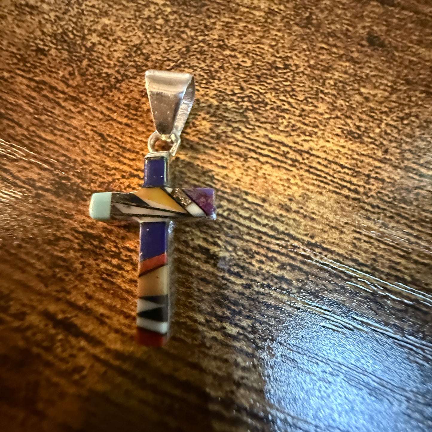 One Inch Sterling Silver Cross Pendant With Lapis Onyx Coral Turquoise Inlay Wild West Boho