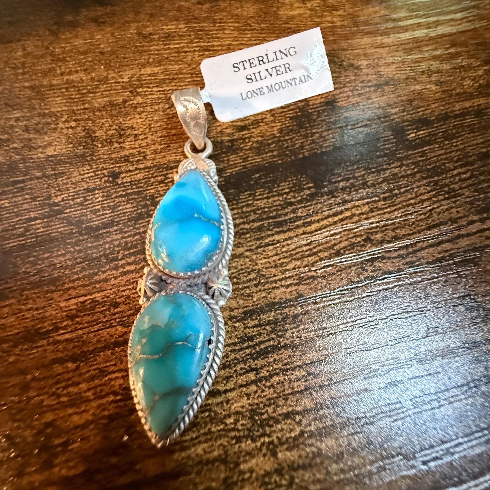 Navajo Style Lone Mountain Turquoise Gemstone Pendant In Sterling Silver, 2.5 Inches Wild West Boho