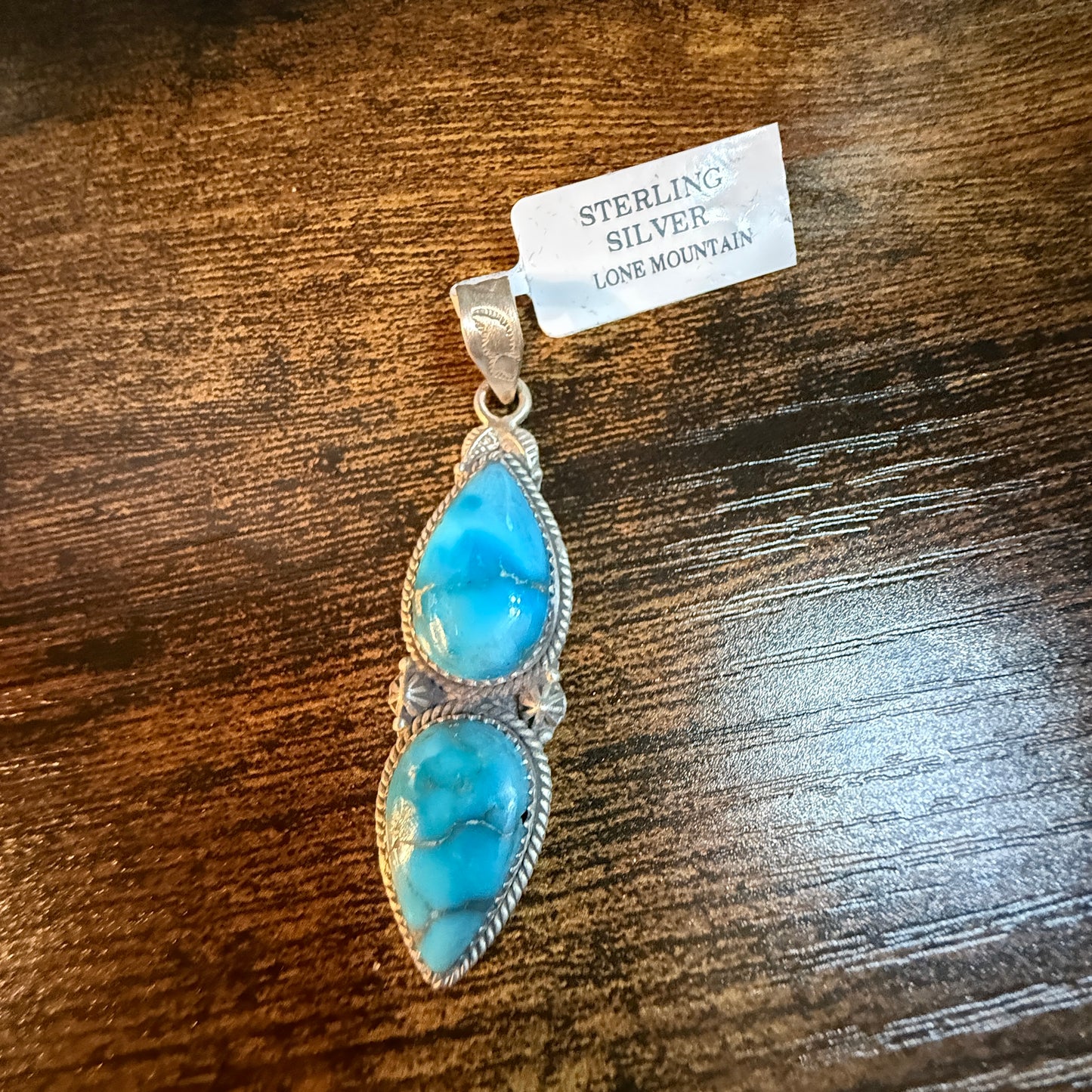 Navajo Style Lone Mountain Turquoise Gemstone Pendant In Sterling Silver, 2.5 Inches Wild West Boho