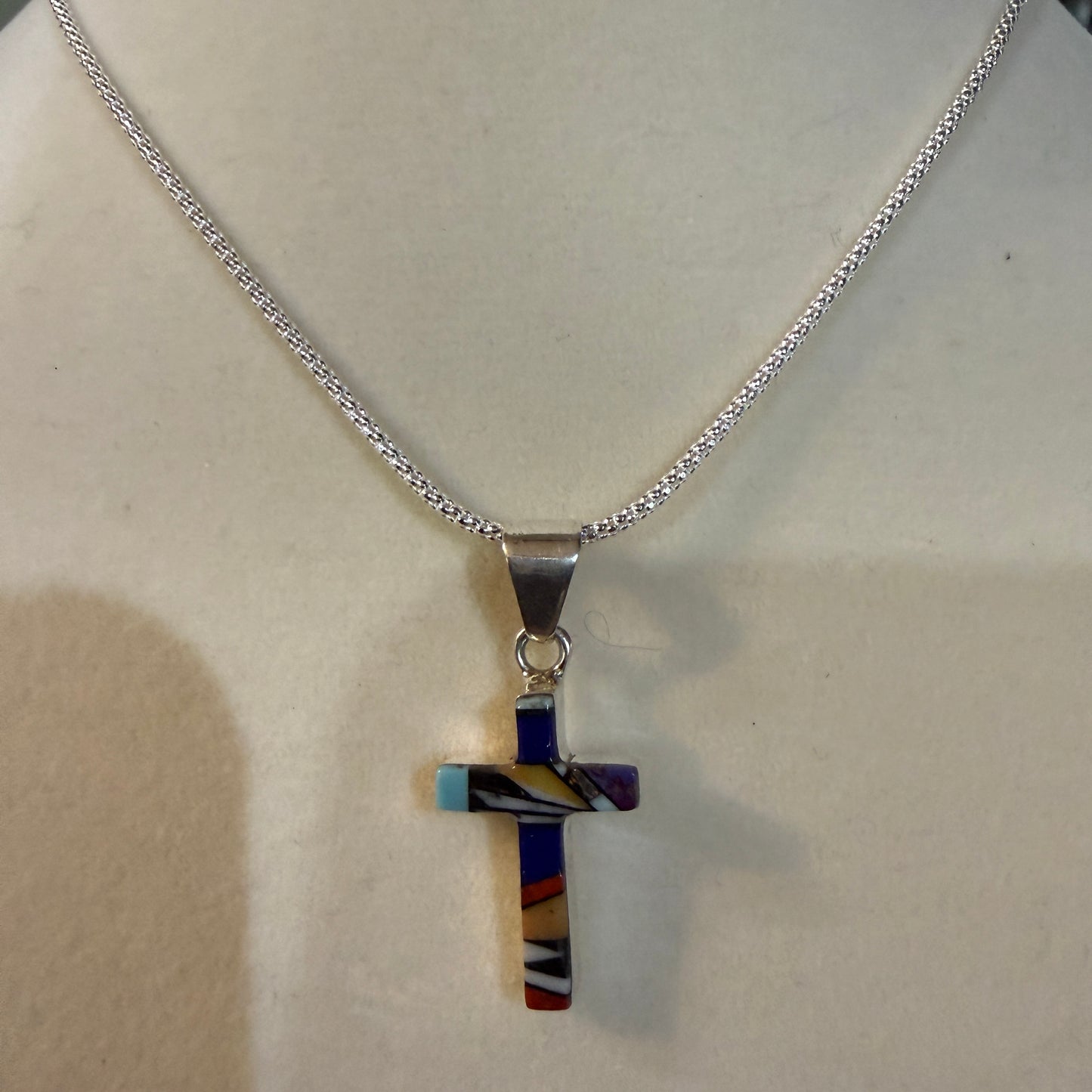 One Inch Sterling Silver Cross Pendant With Lapis Onyx Coral Turquoise Inlay Wild West Boho