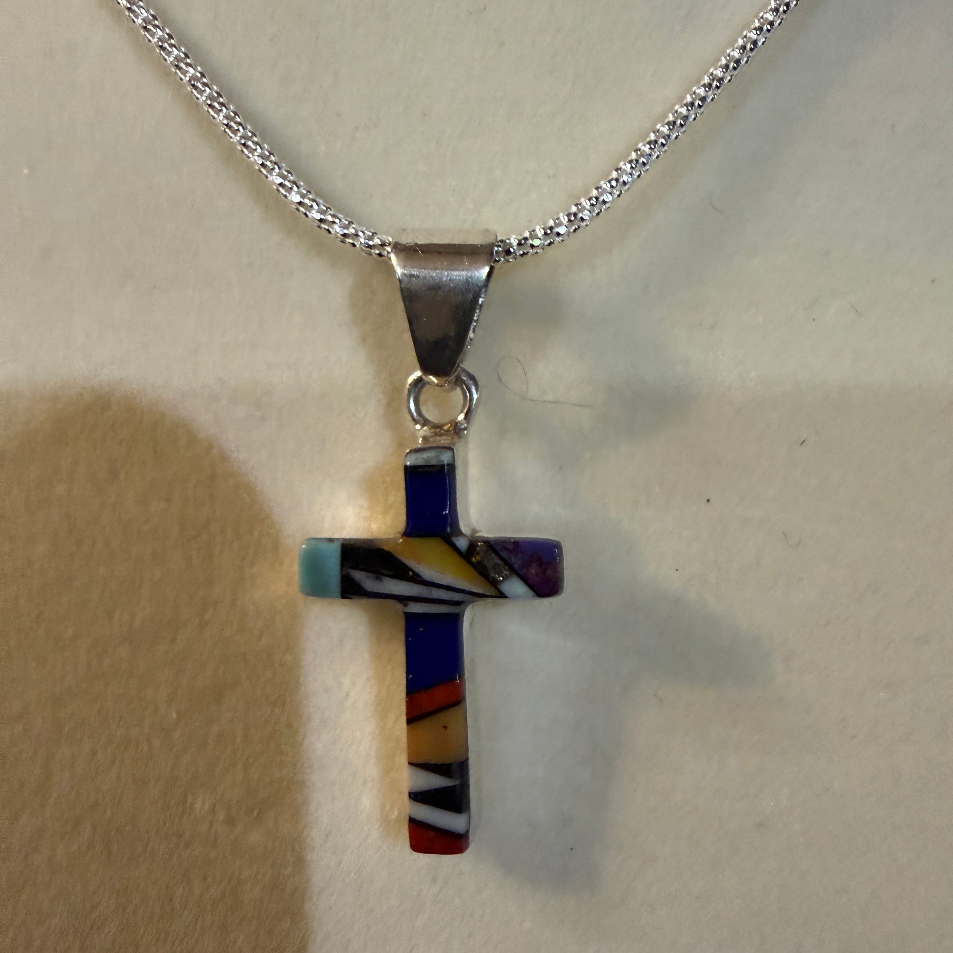 One Inch Sterling Silver Cross Pendant With Lapis Onyx Coral Turquoise Inlay Wild West Boho