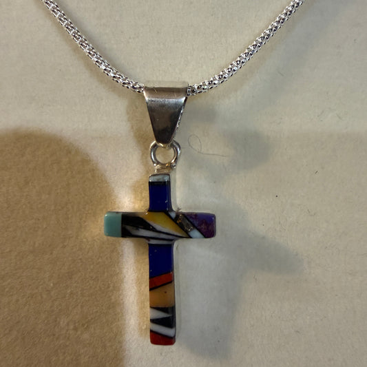 One Inch Sterling Silver Cross Pendant With Lapis Onyx Coral Turquoise Inlay