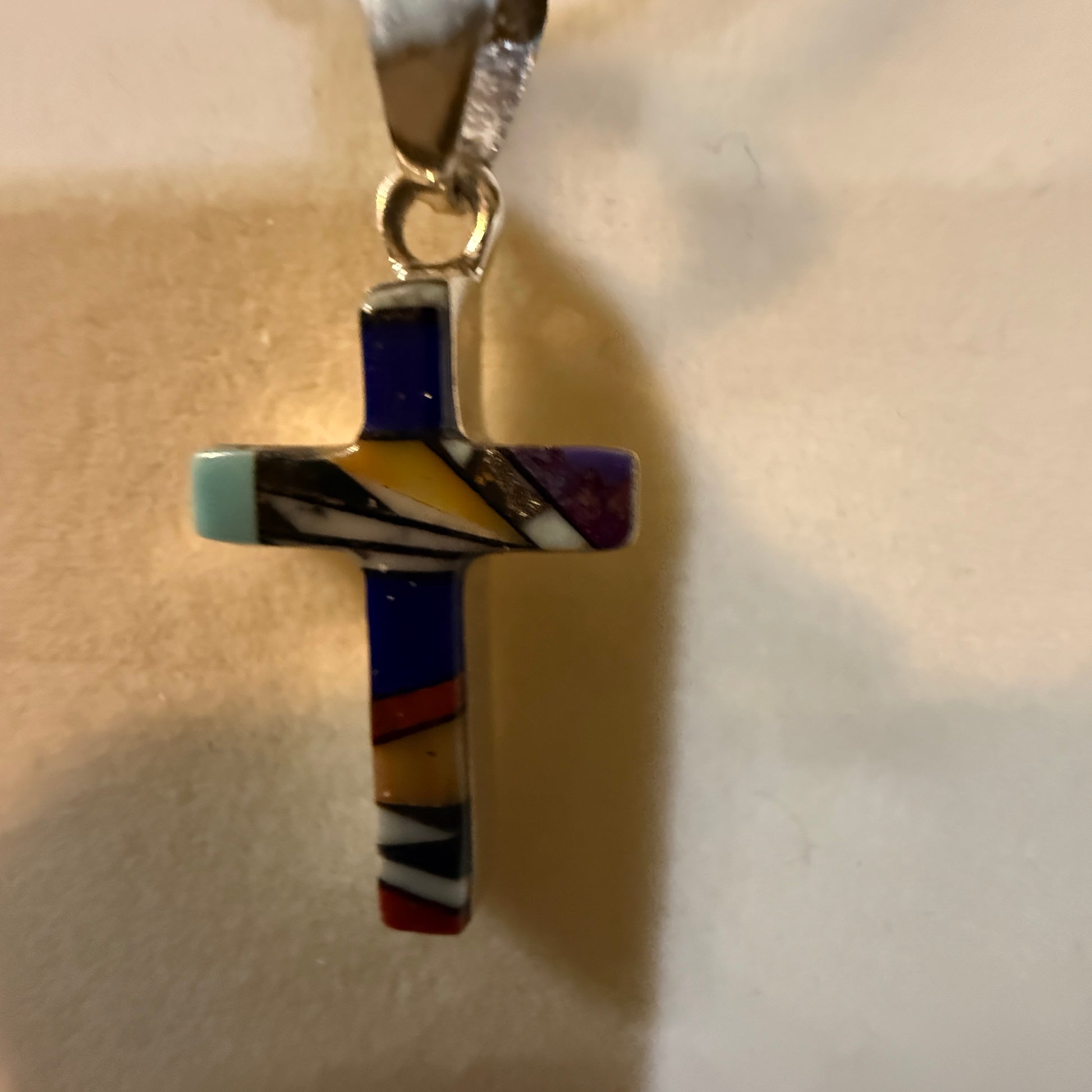One Inch Sterling Silver Cross Pendant With Lapis Onyx Coral Turquoise Inlay Wild West Boho
