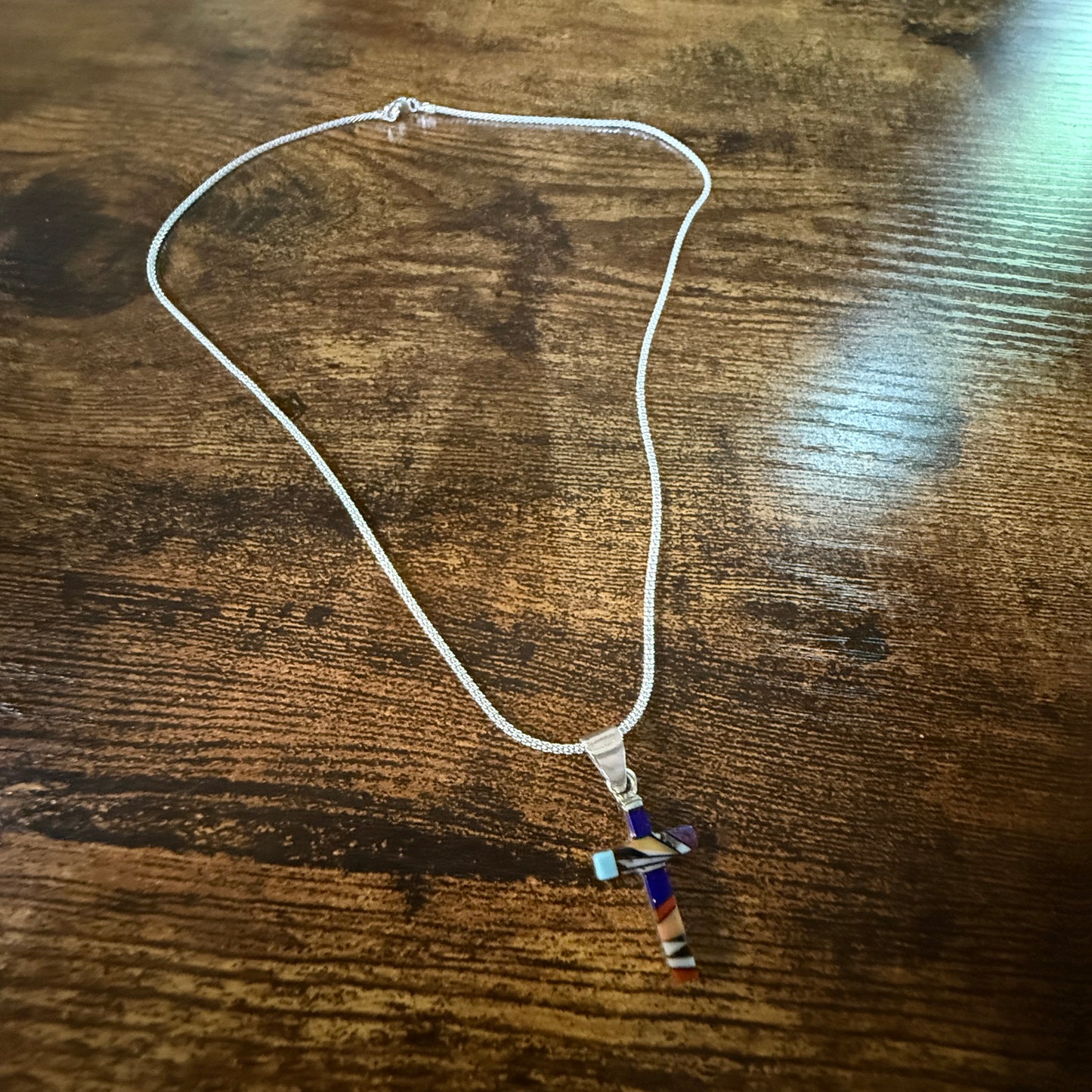 One Inch Sterling Silver Cross Pendant With Lapis Onyx Coral Turquoise Inlay Wild West Boho