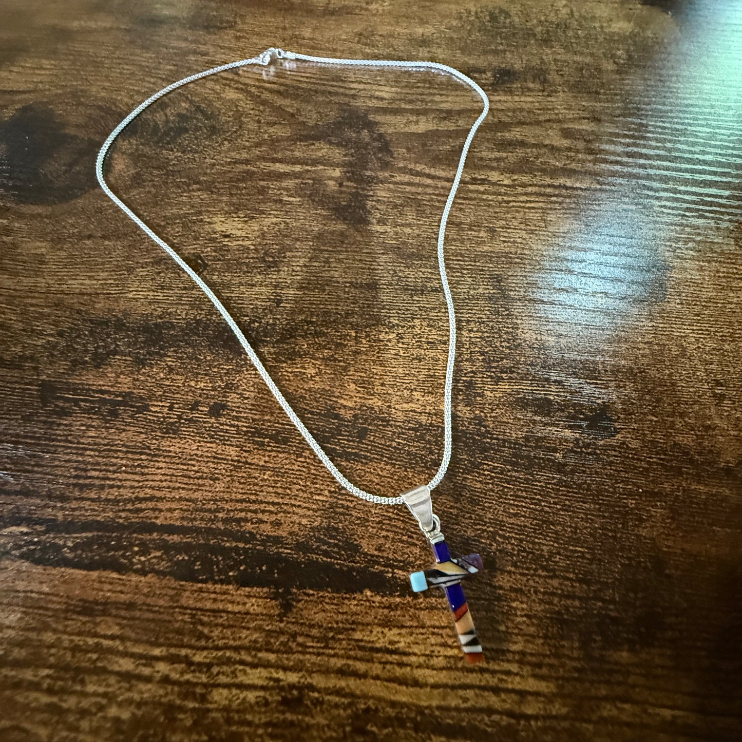 One Inch Sterling Silver Cross Pendant With Lapis Onyx Coral Turquoise Inlay Wild West Boho