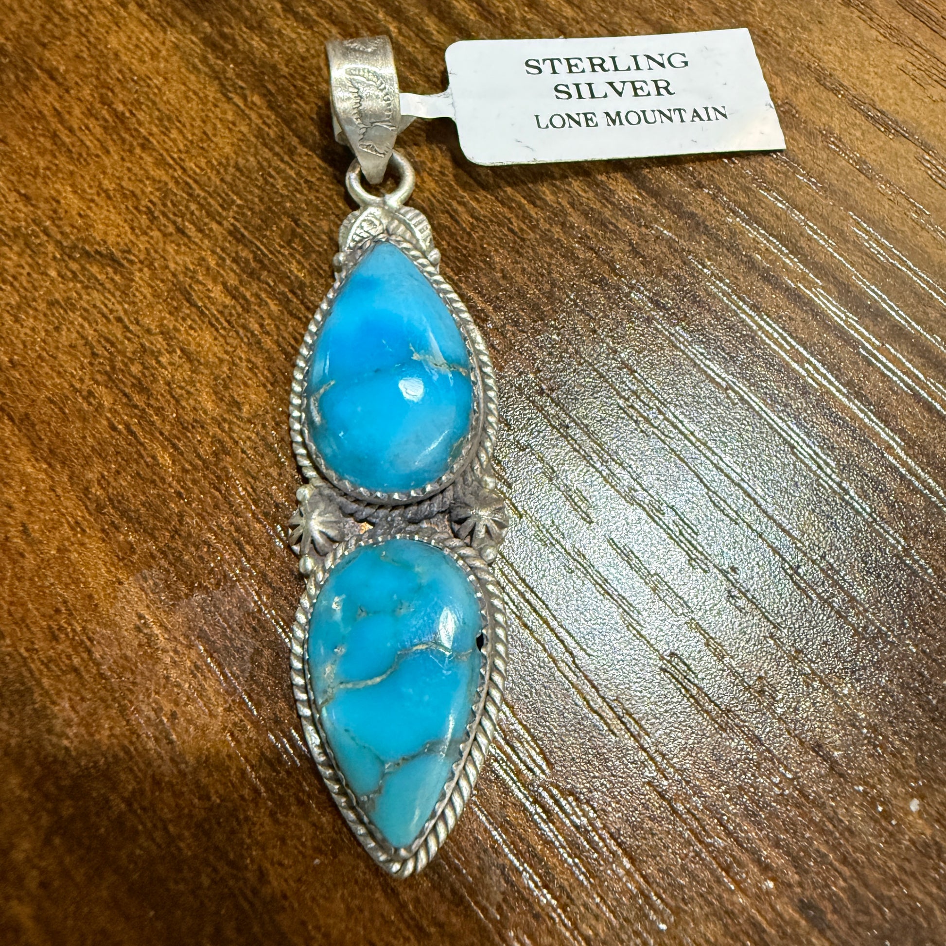 Navajo Style Lone Mountain Turquoise Gemstone Pendant In Sterling Silver, 2.5 Inches Wild West Boho