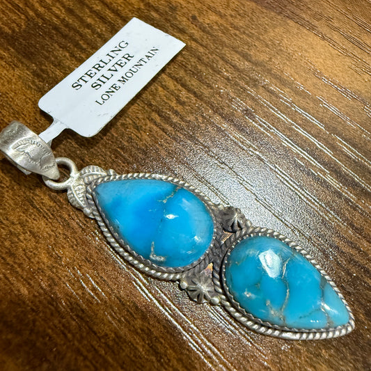 Navajo Style Lone Mountain Turquoise Gemstone Pendant In Sterling Silver, 2.5 Inches