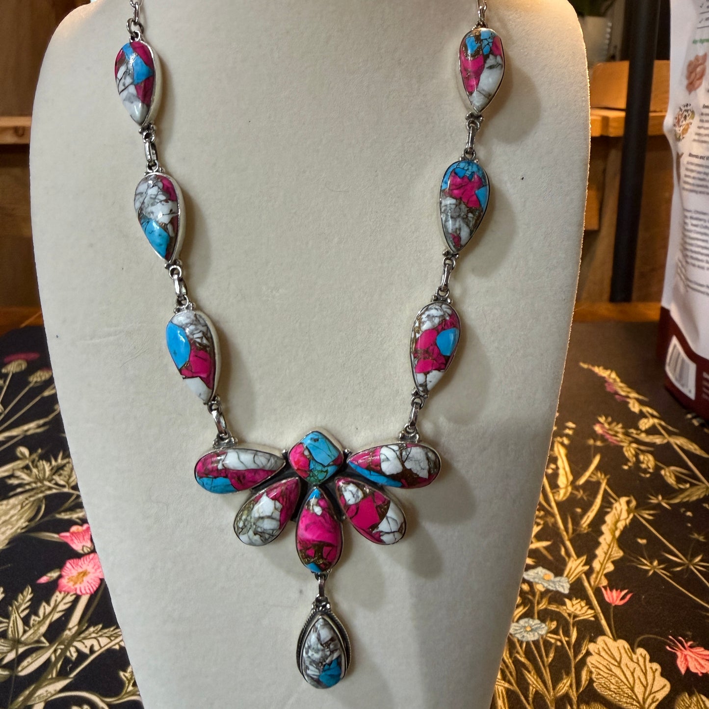 Cotton Candy Turquoise Dahlia Butterfly Necklace Sterling Silver 20 Inch