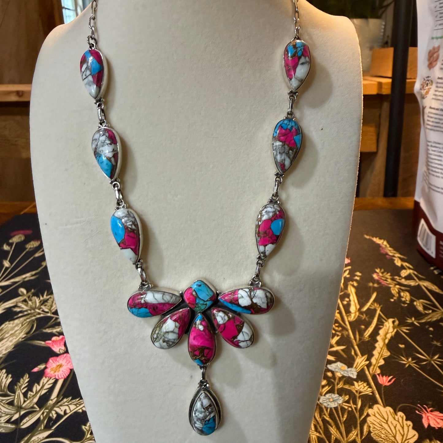Cotton Candy Turquoise Dahlia Butterfly Necklace Sterling Silver 20 Inch