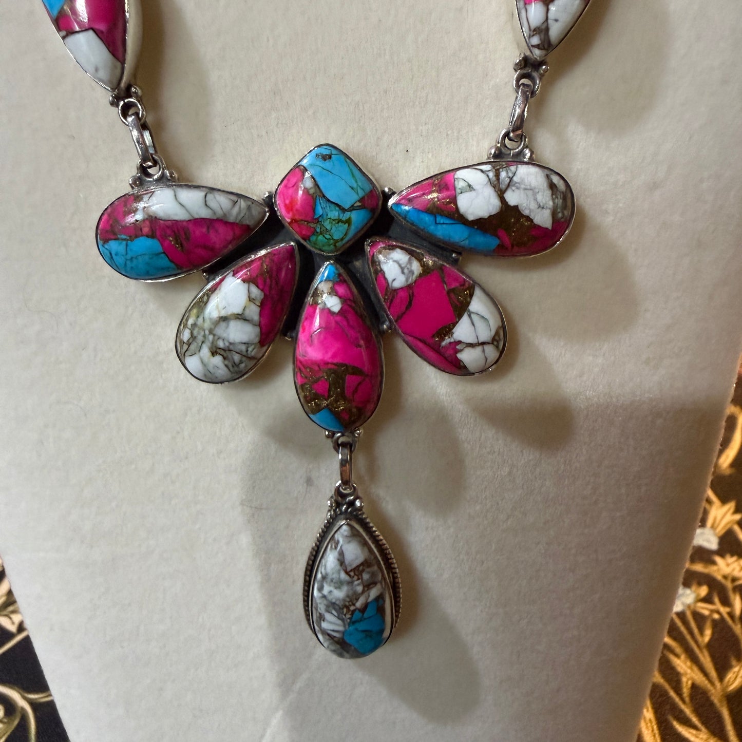 Cotton Candy Turquoise Dahlia Butterfly Necklace Sterling Silver 20 Inch