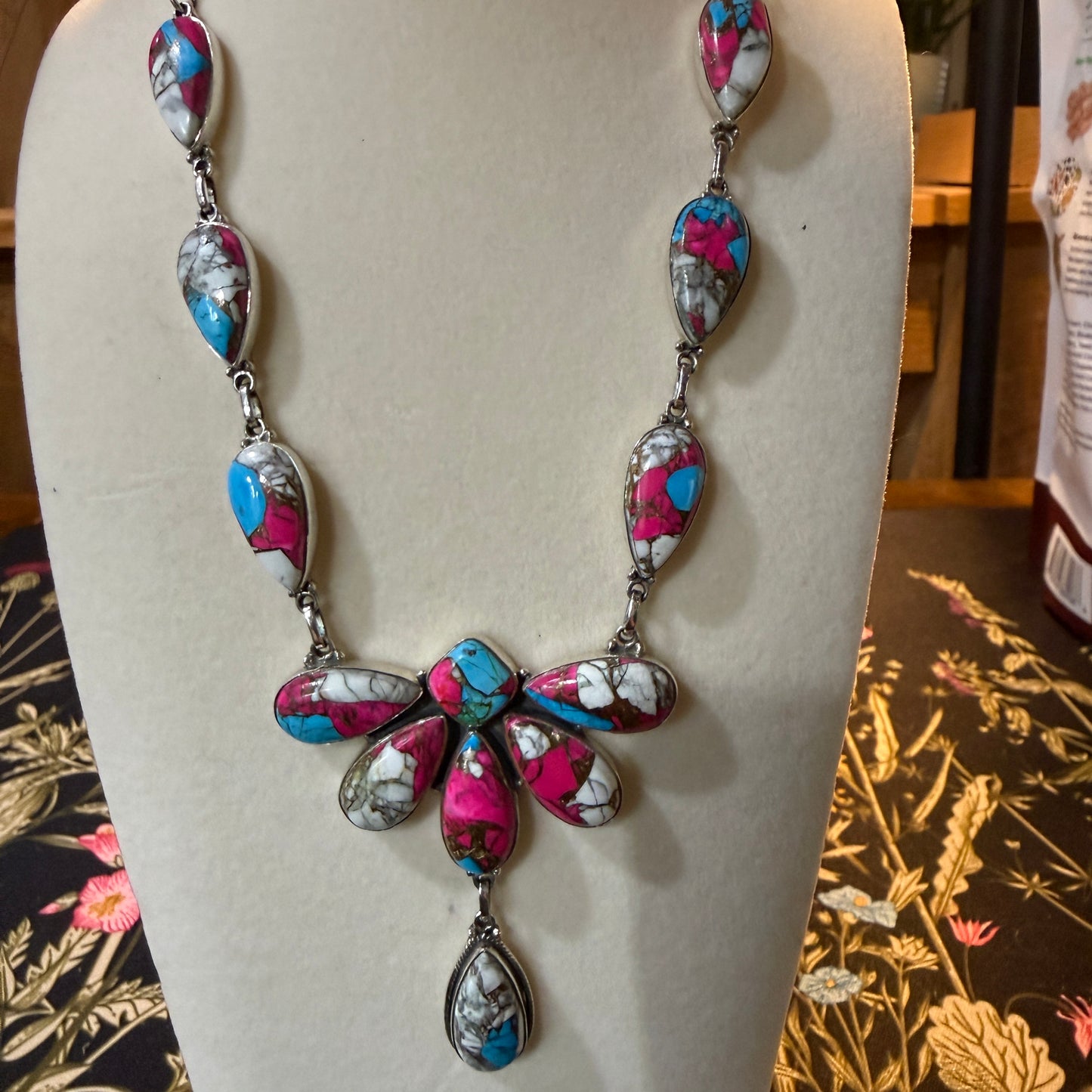 Cotton Candy Turquoise Dahlia Butterfly Necklace Sterling Silver 20 Inch