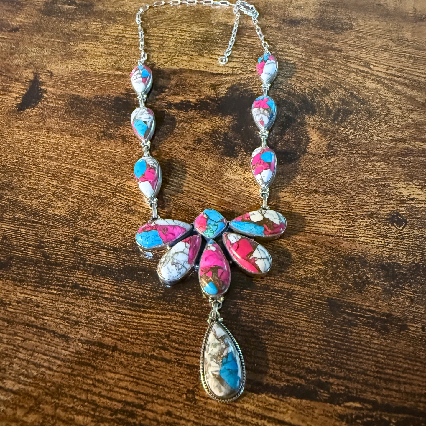 Cotton Candy Turquoise Dahlia Butterfly Necklace Sterling Silver 20 Inch