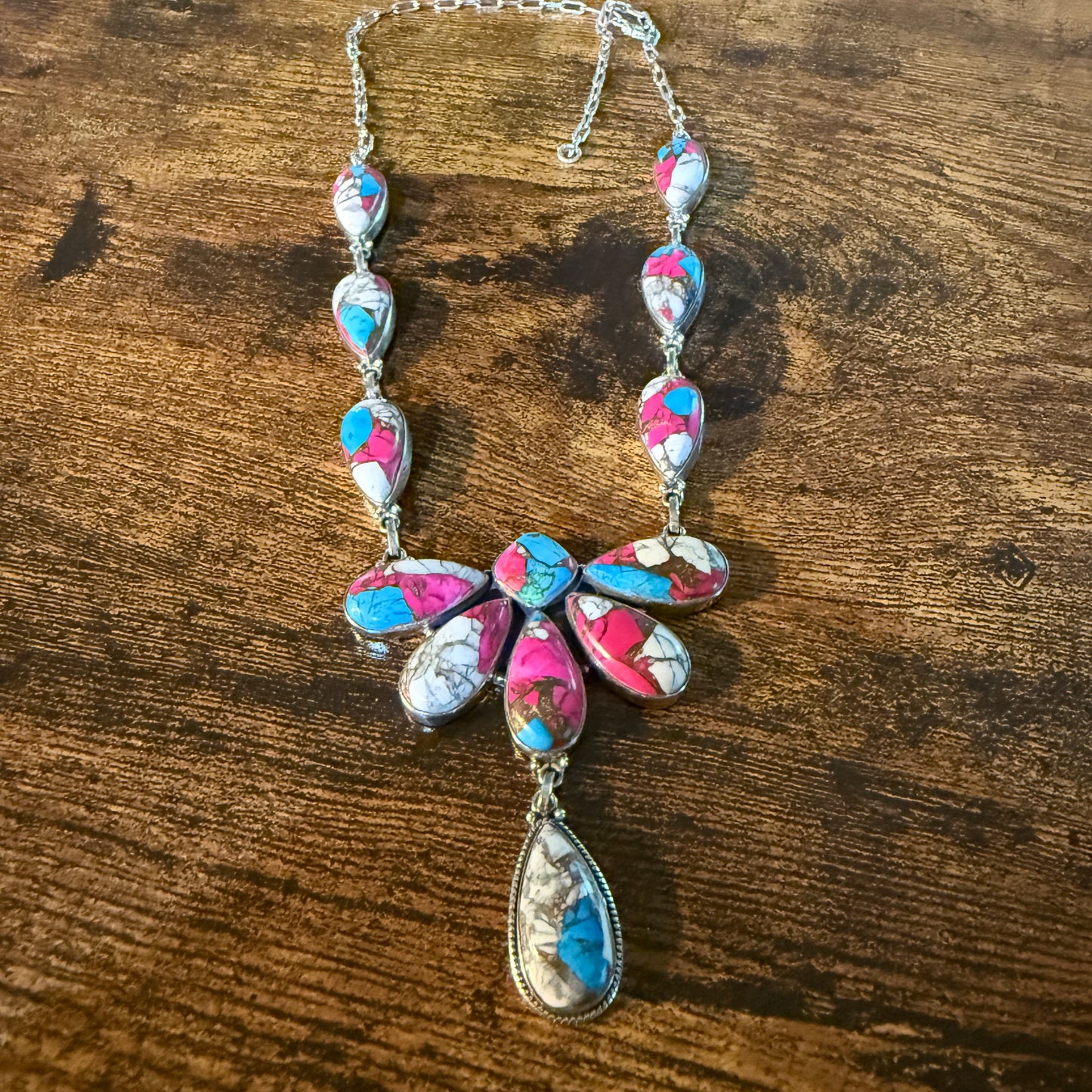 Cotton Candy Turquoise Dahlia Butterfly Necklace Sterling Silver 20 Inch